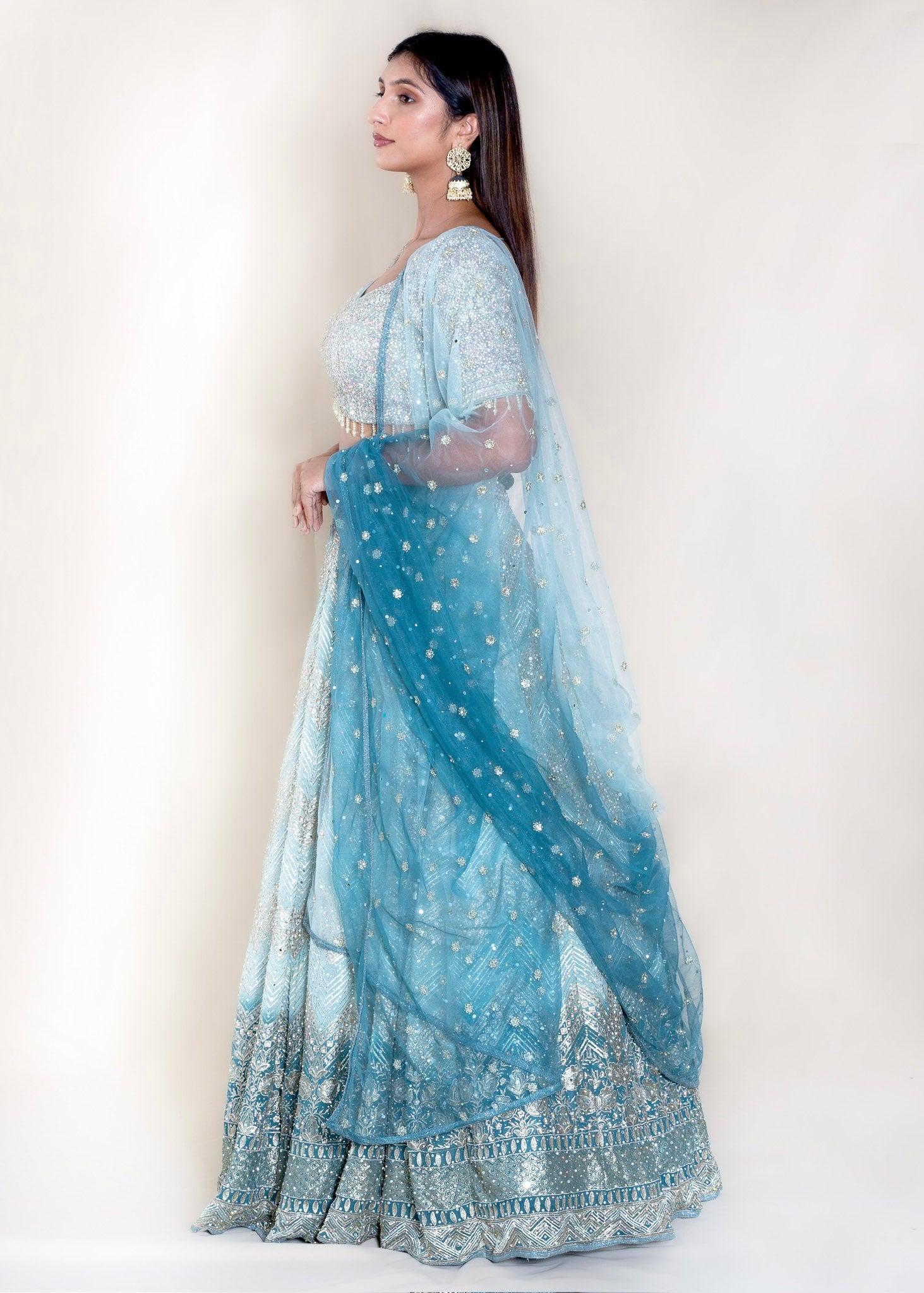 Pastel Blue Ombre Designer Net Readymade Lehenga