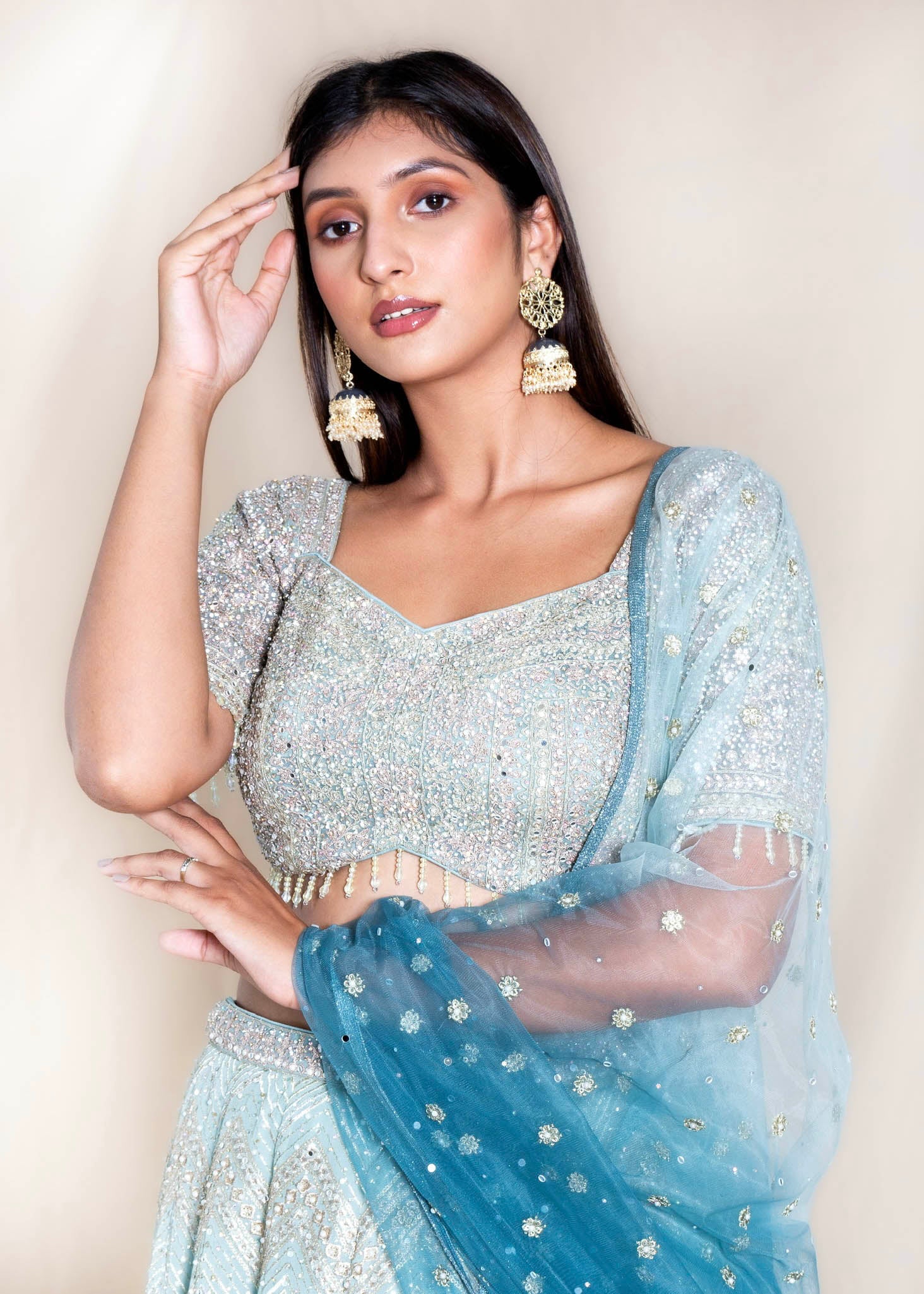 Pastel Blue Ombre Designer Net Readymade Lehenga