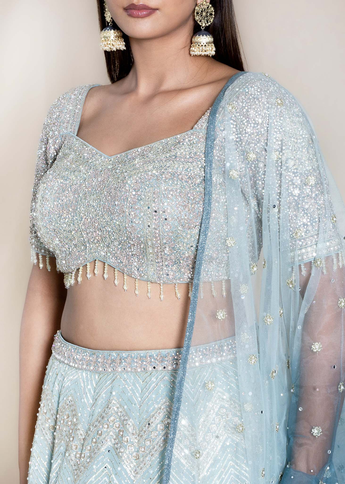 Pastel Blue Ombre Designer Net Readymade Lehenga