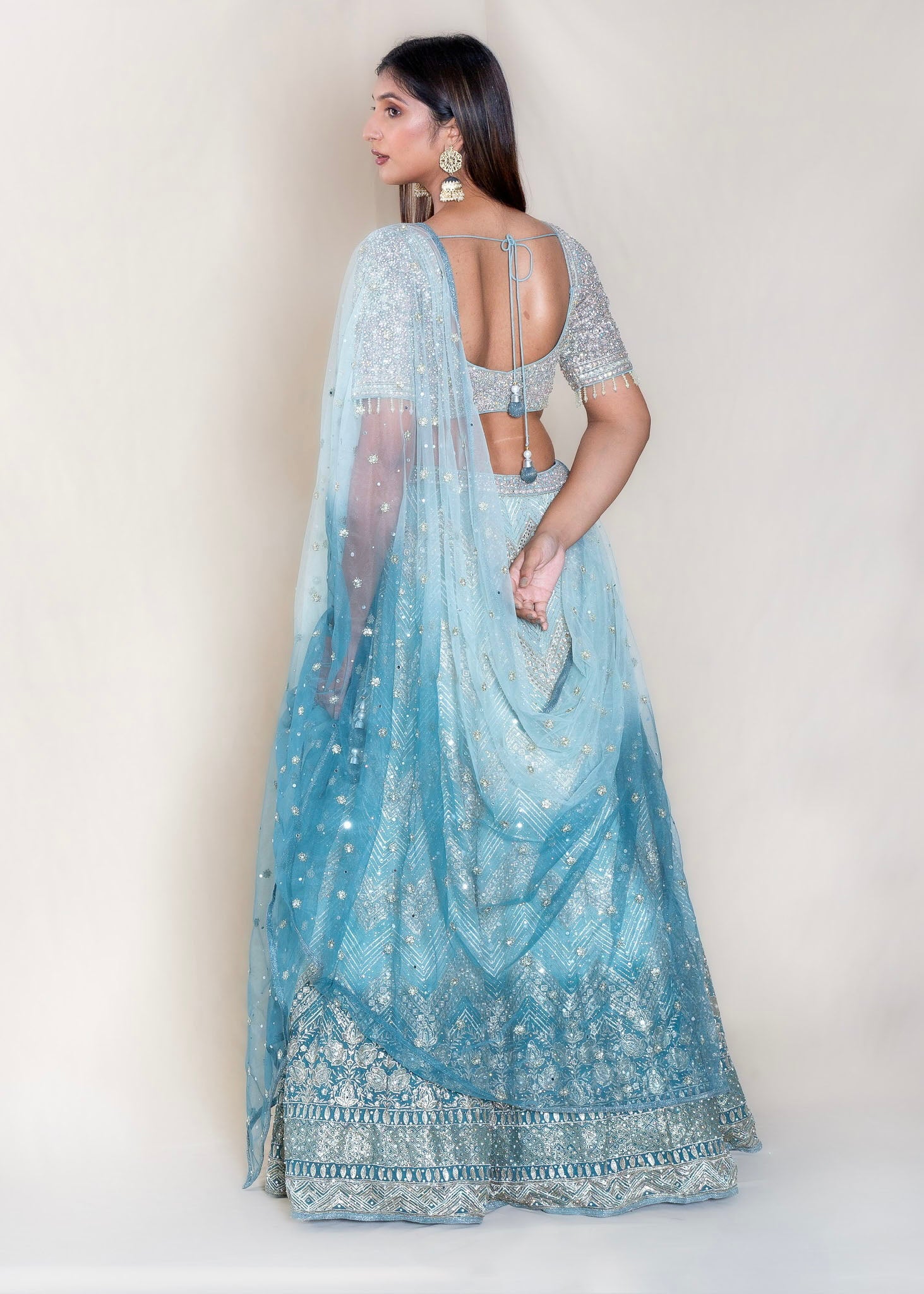 Pastel Blue Ombre Designer Net Readymade Lehenga