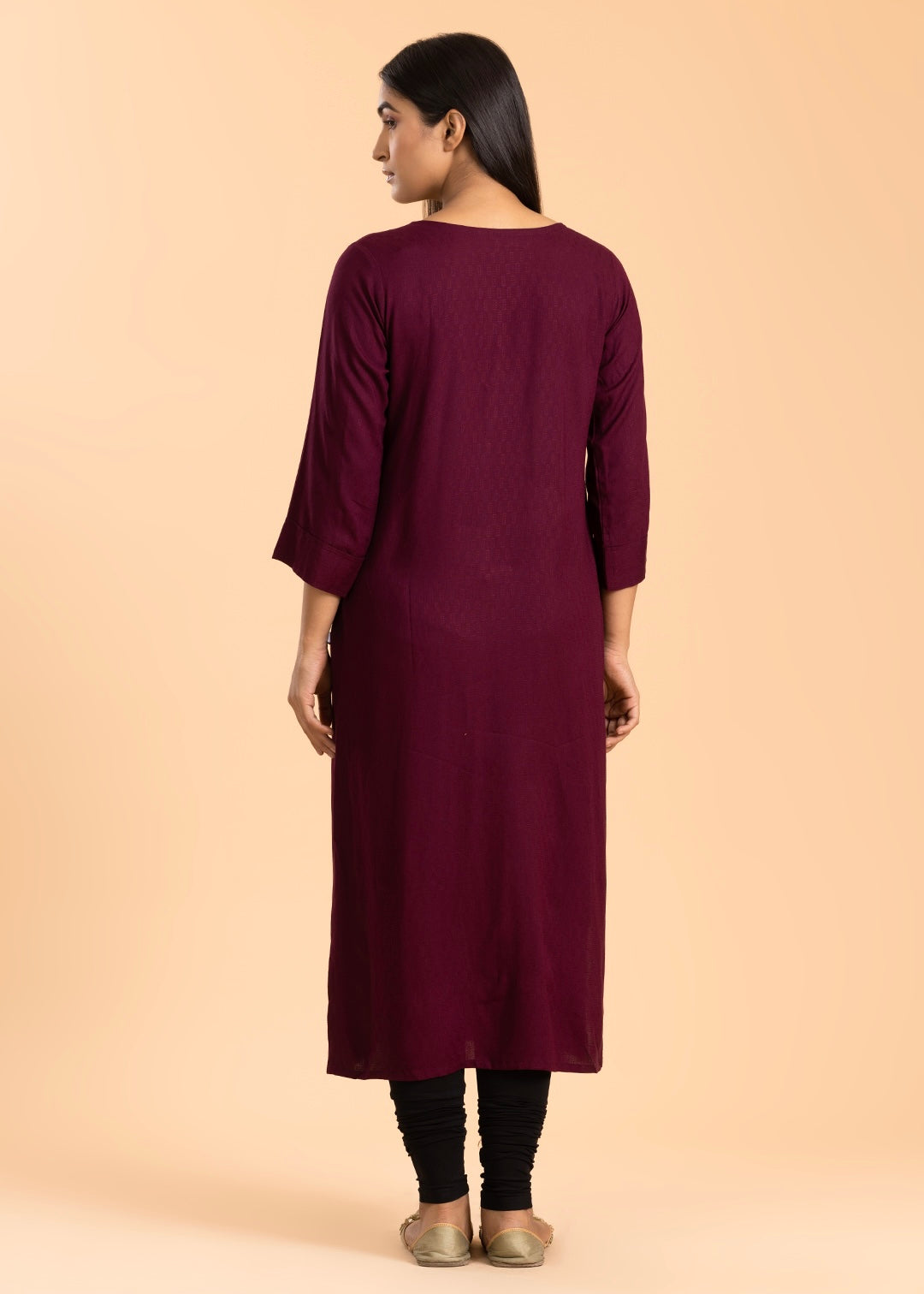 Wine Embroidered Rayon Cotton Kurti