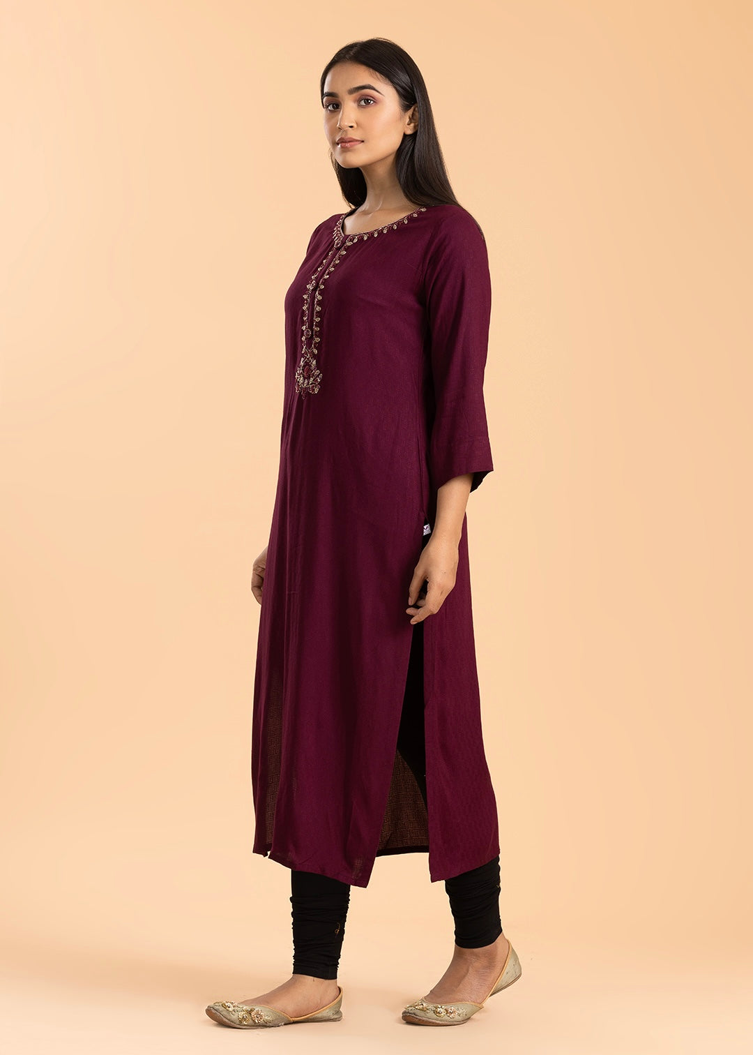 Wine Embroidered Rayon Cotton Kurti