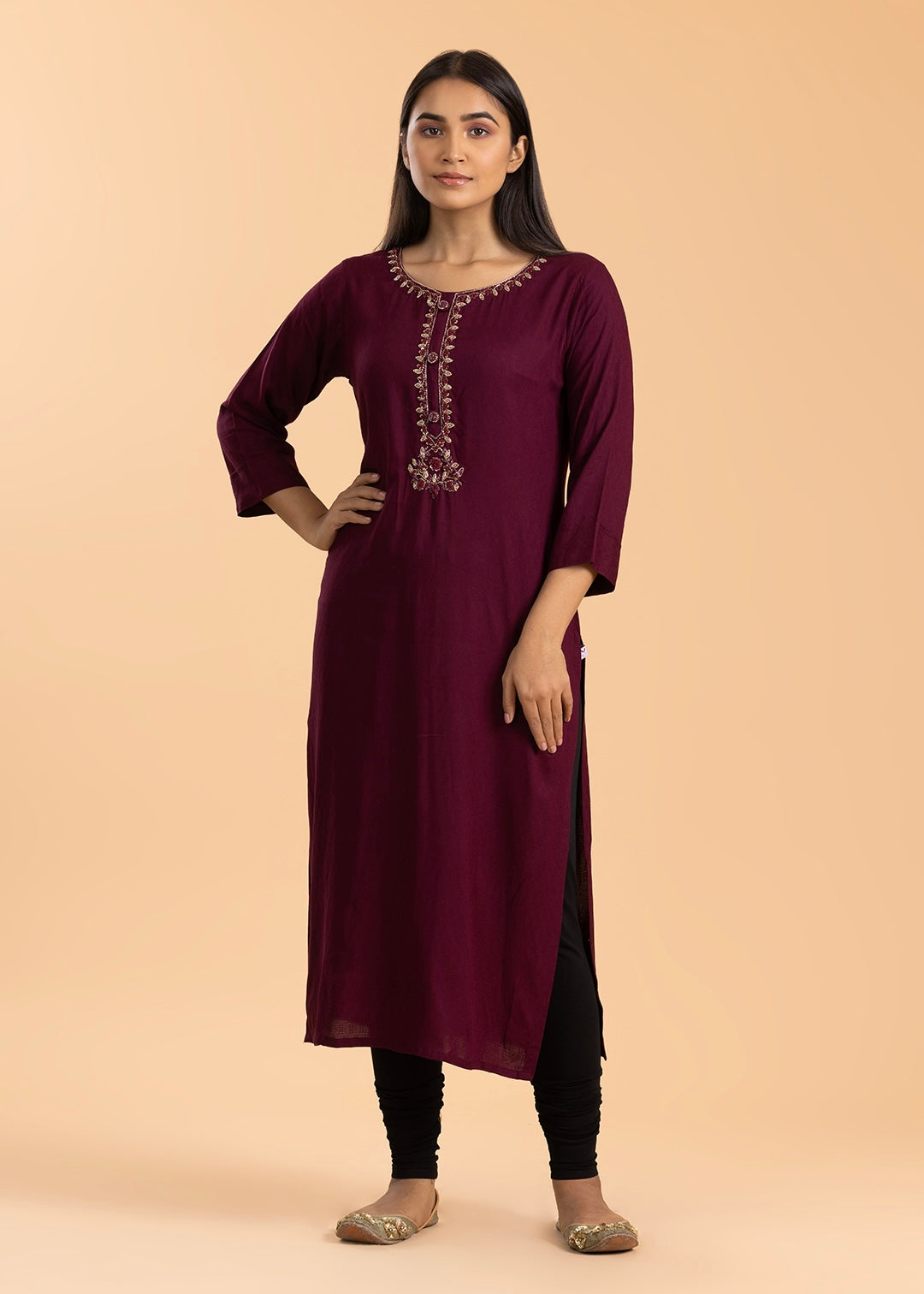 Wine Embroidered Rayon Cotton Kurti