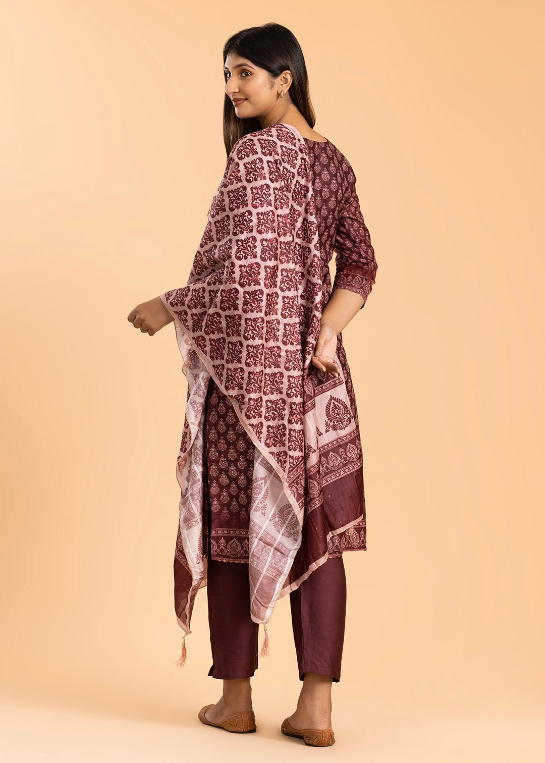 Maroon Printed Pant Suit in Muslin Cotton