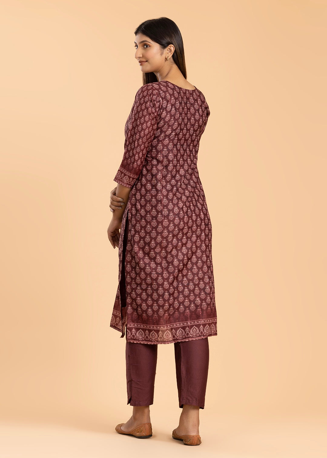 Maroon Printed Pant Suit in Muslin Cotton