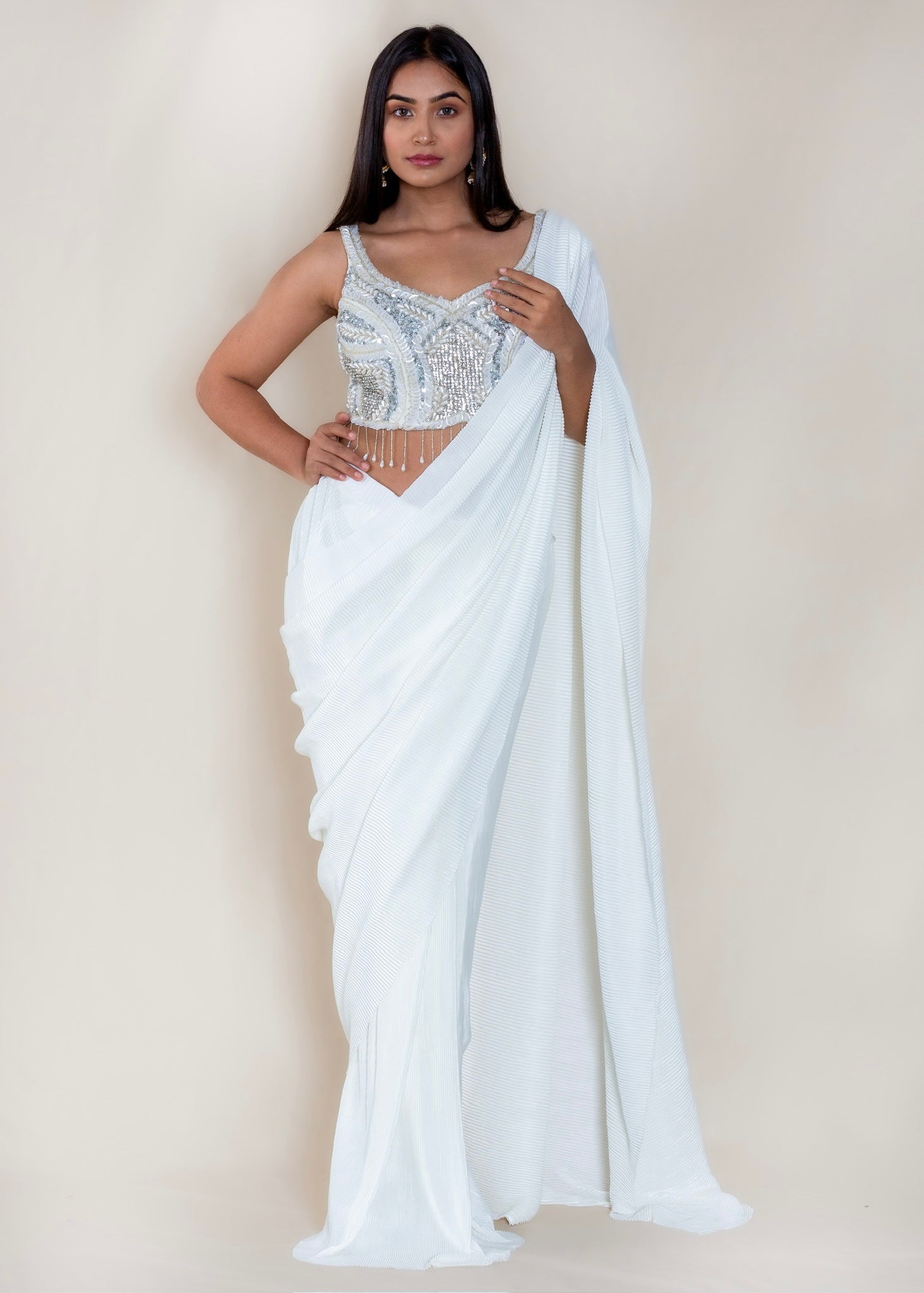 White Pre-Stitched Drape Saree with Designer Blouse