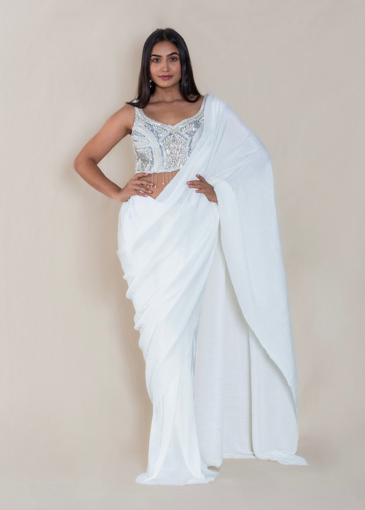 White Pre-Stitched Drape Saree with Designer Blouse