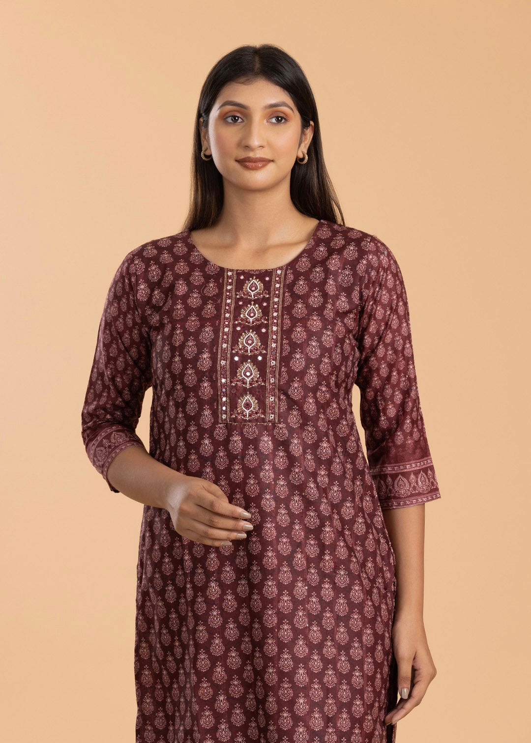 Maroon Printed Pant Suit in Muslin Cotton