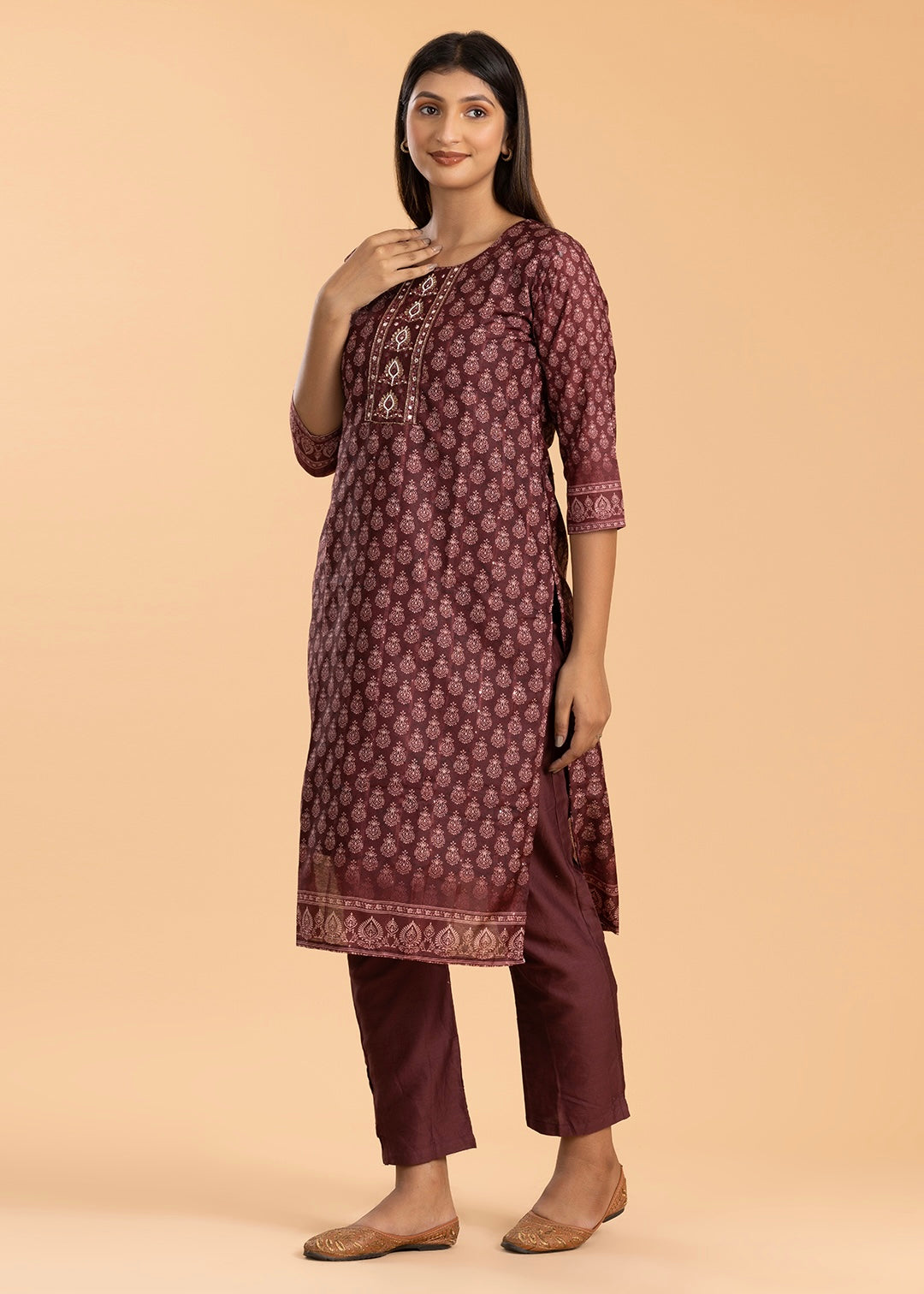 Maroon Printed Pant Suit in Muslin Cotton