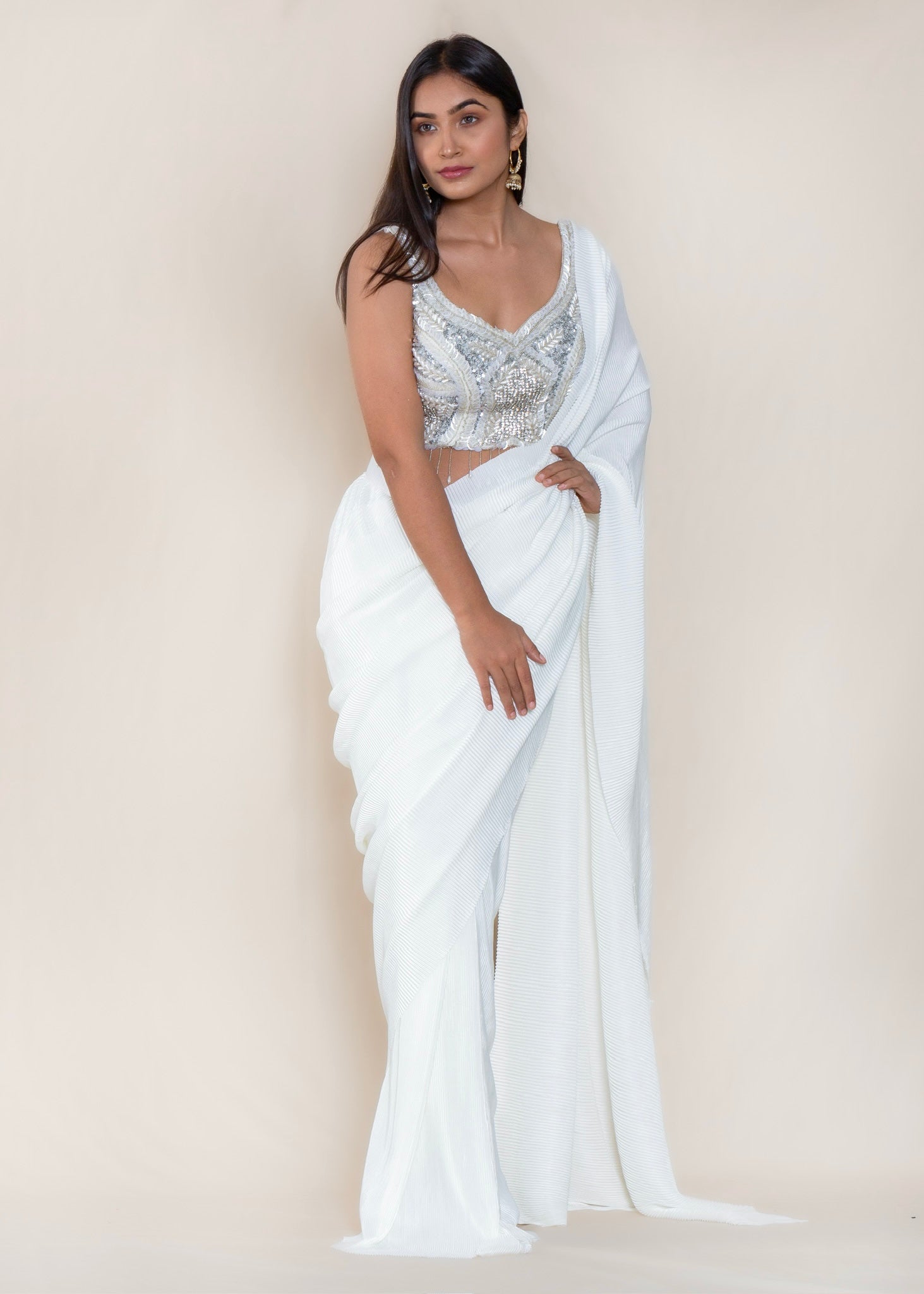 White Pre-Stitched Drape Saree with Designer Blouse