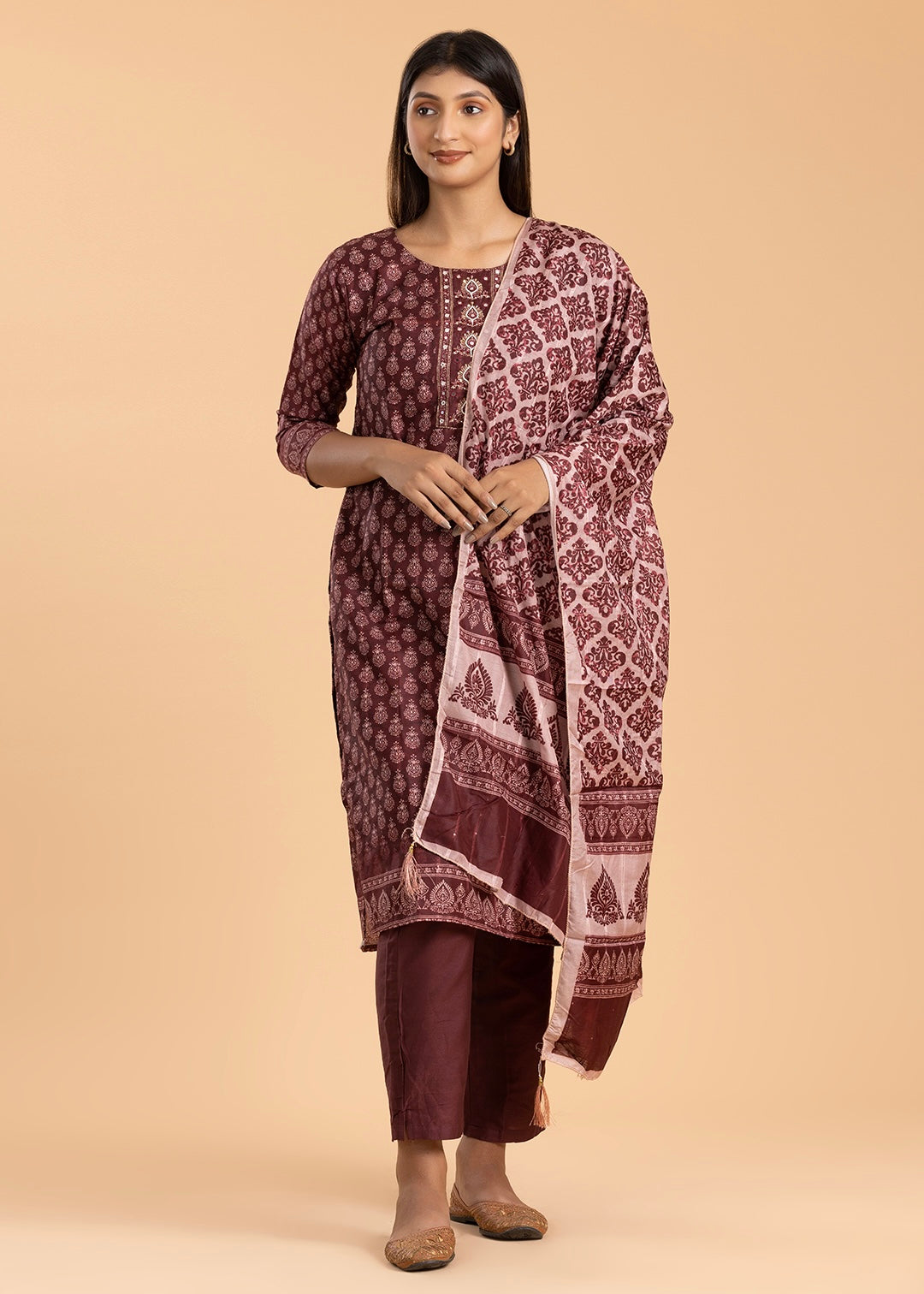 Maroon Printed Pant Suit in Muslin Cotton