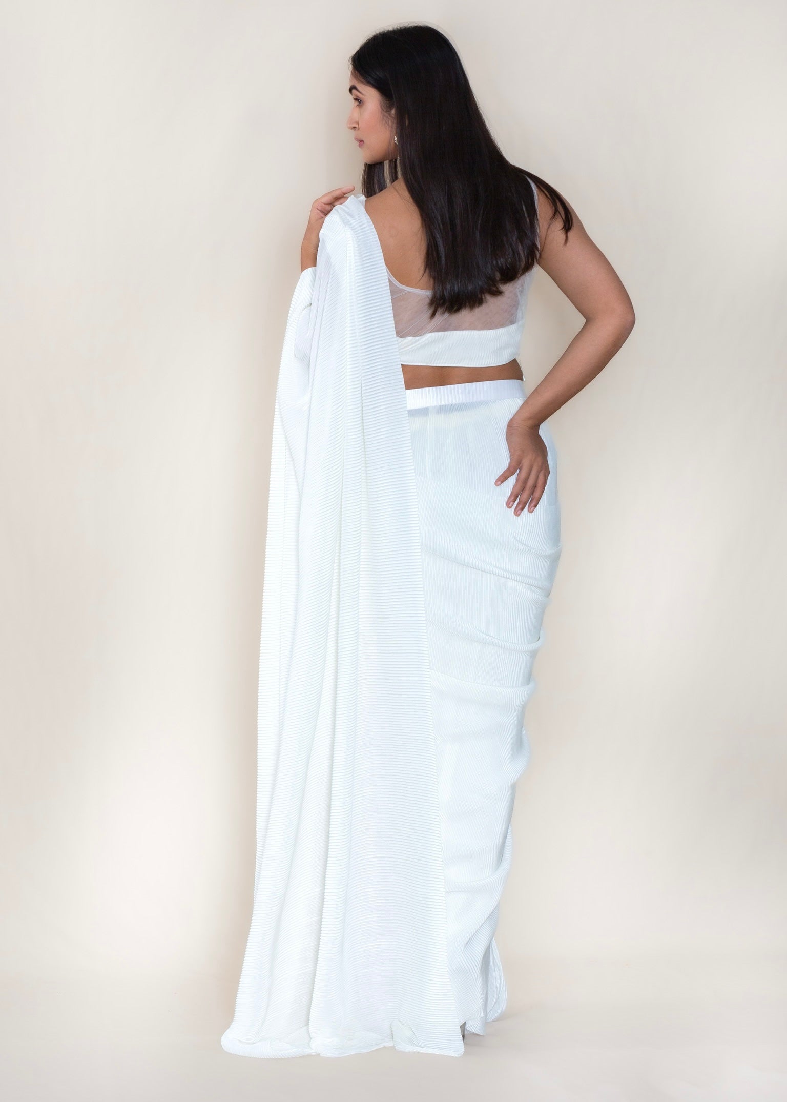 White Pre-Stitched Drape Saree with Designer Blouse