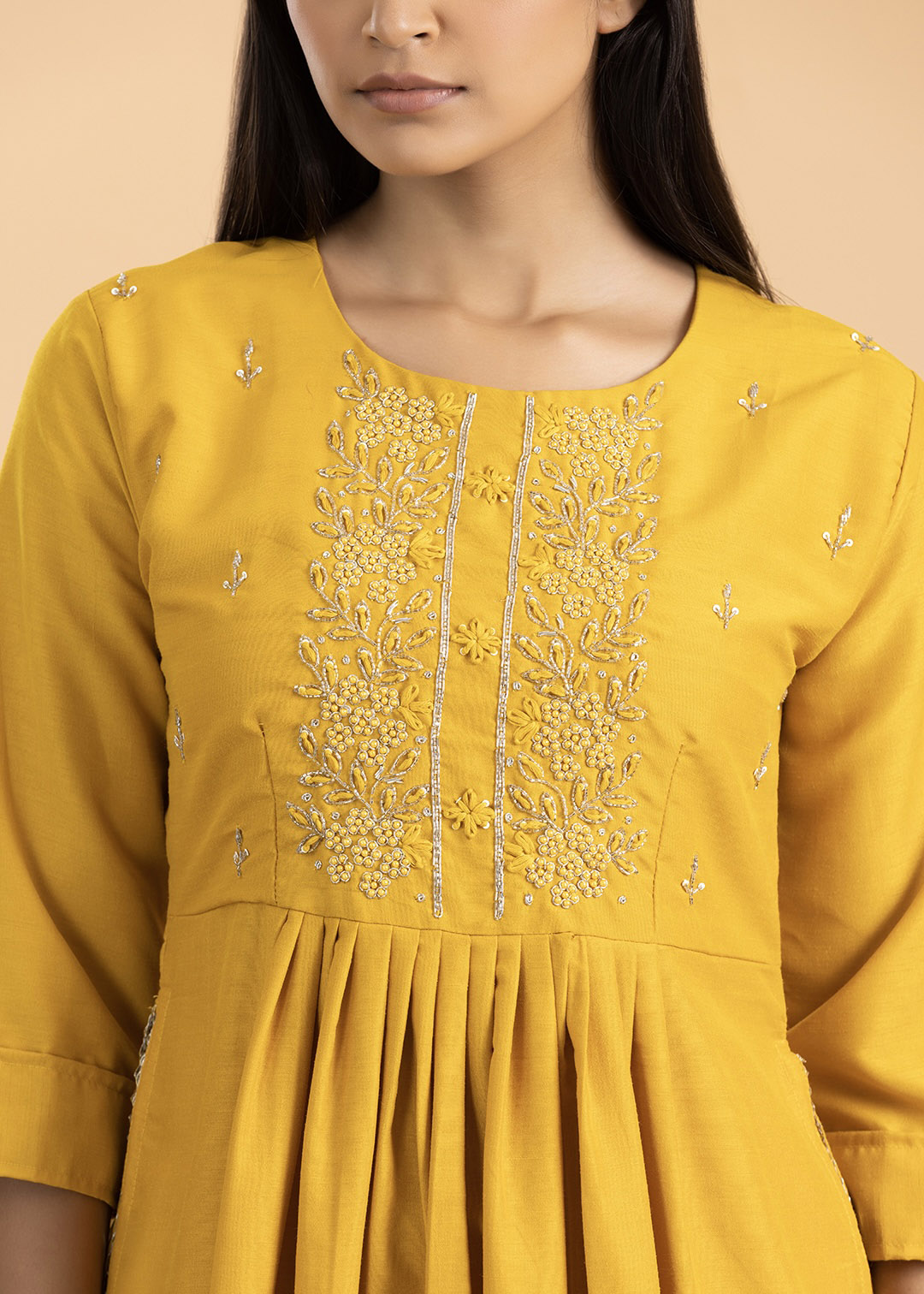 Yellow Chanderi Cotton Suit with Pant and Dupatta