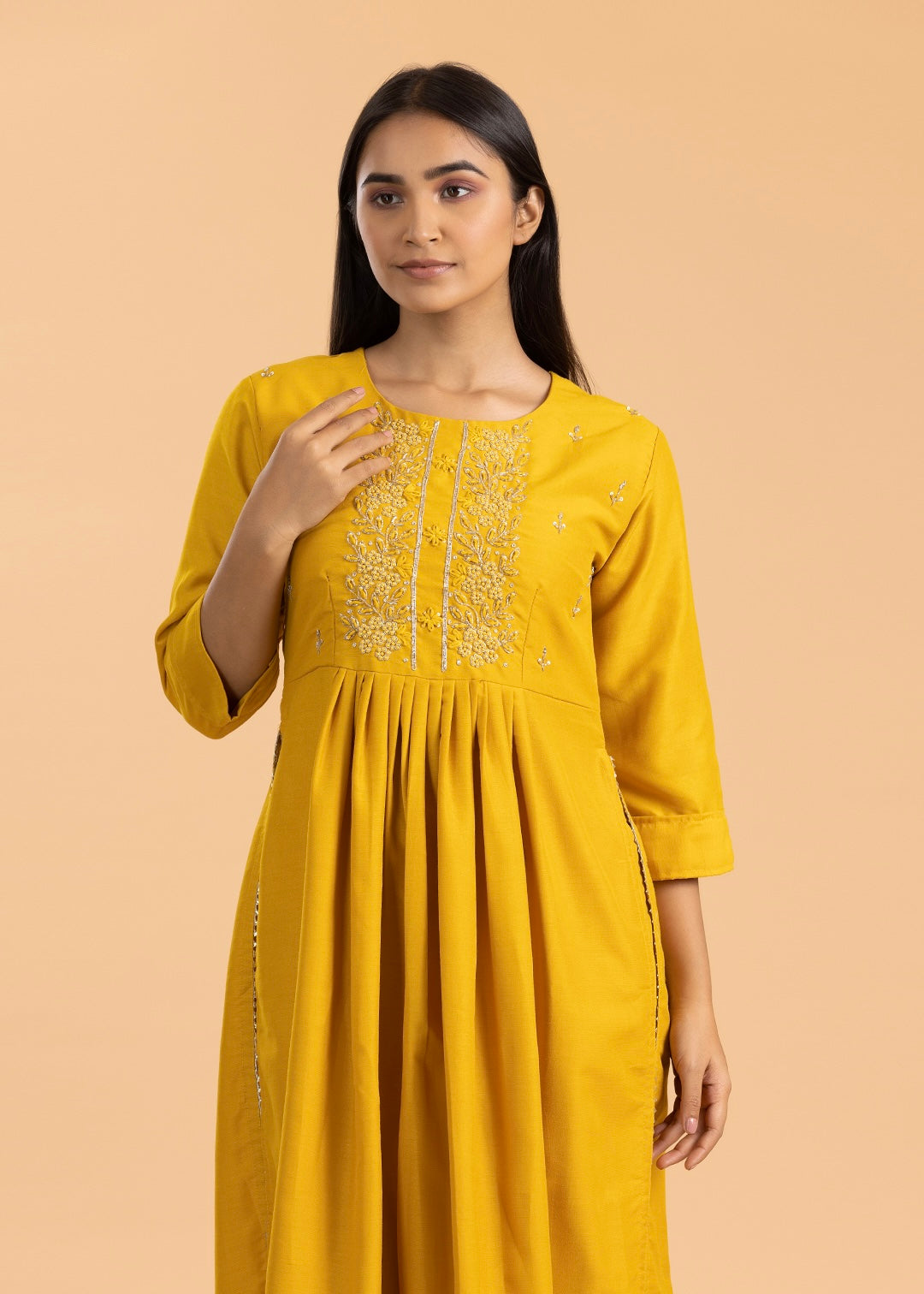 Yellow Chanderi Cotton Suit with Pant and Dupatta