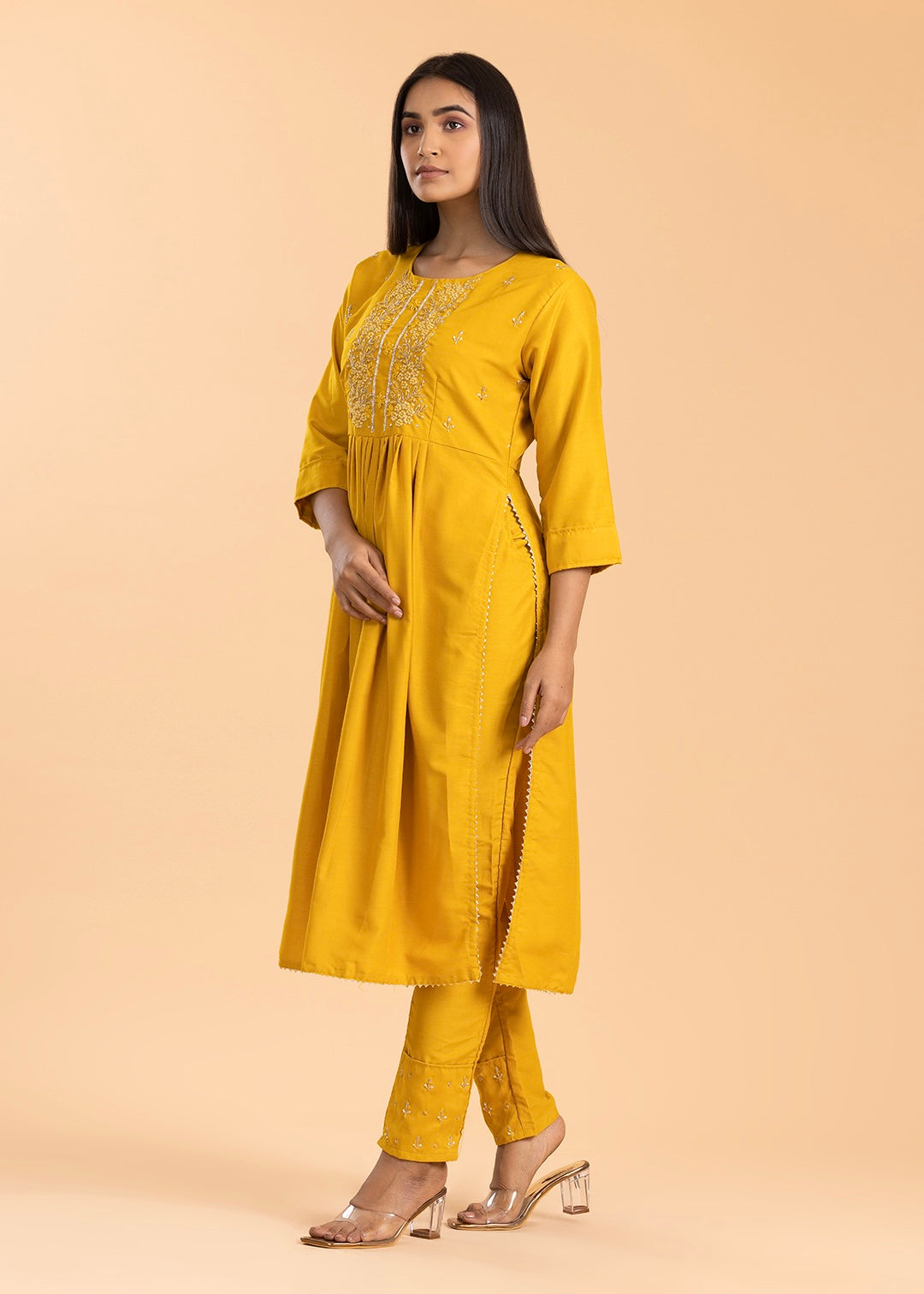 Yellow Chanderi Cotton Suit with Pant and Dupatta