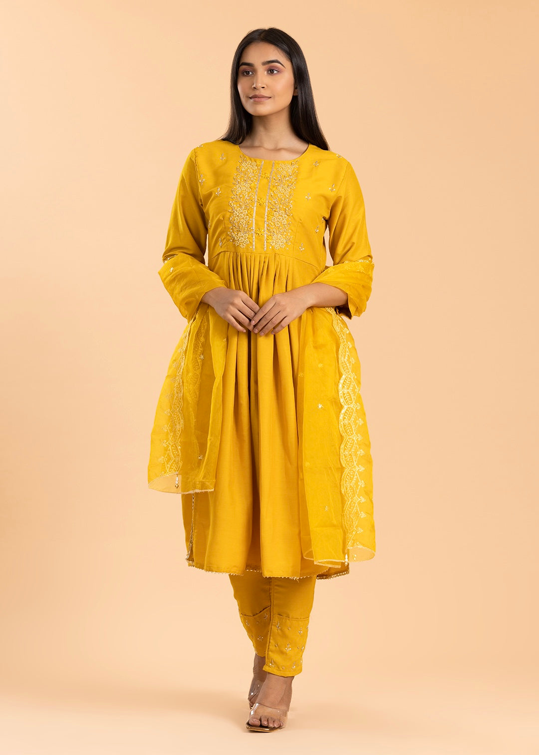 Yellow Chanderi Cotton Suit with Pant and Dupatta