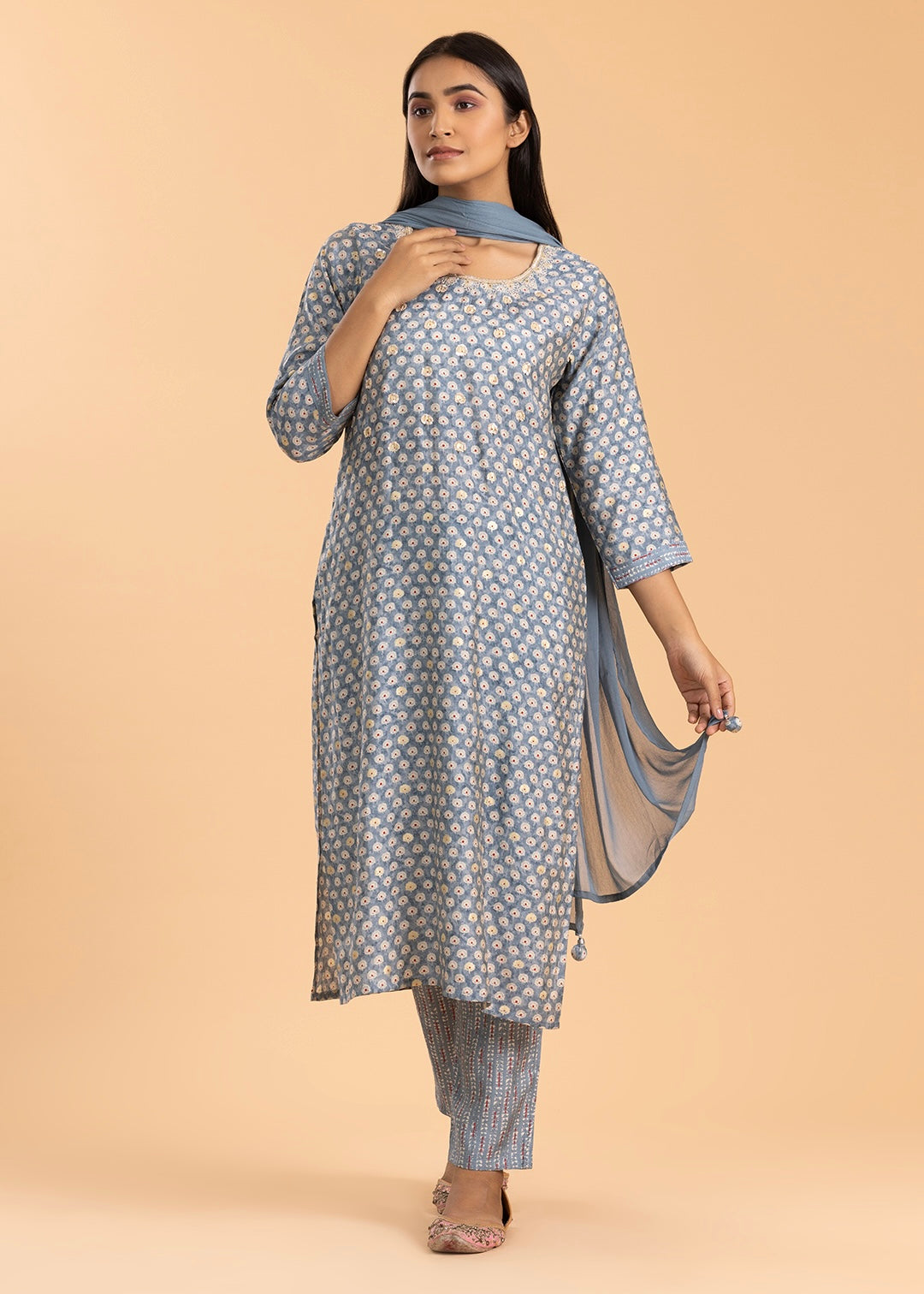 Light Blue Printed Suit with Pant and Dupatta