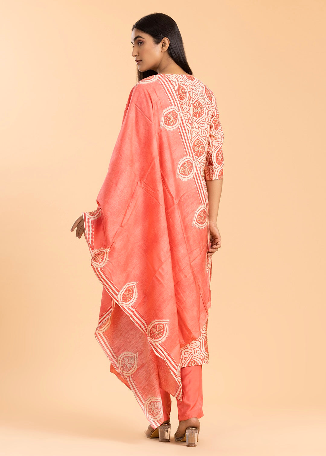 Peach Printed Rayon Cotton Suit with Pant and Dupatta