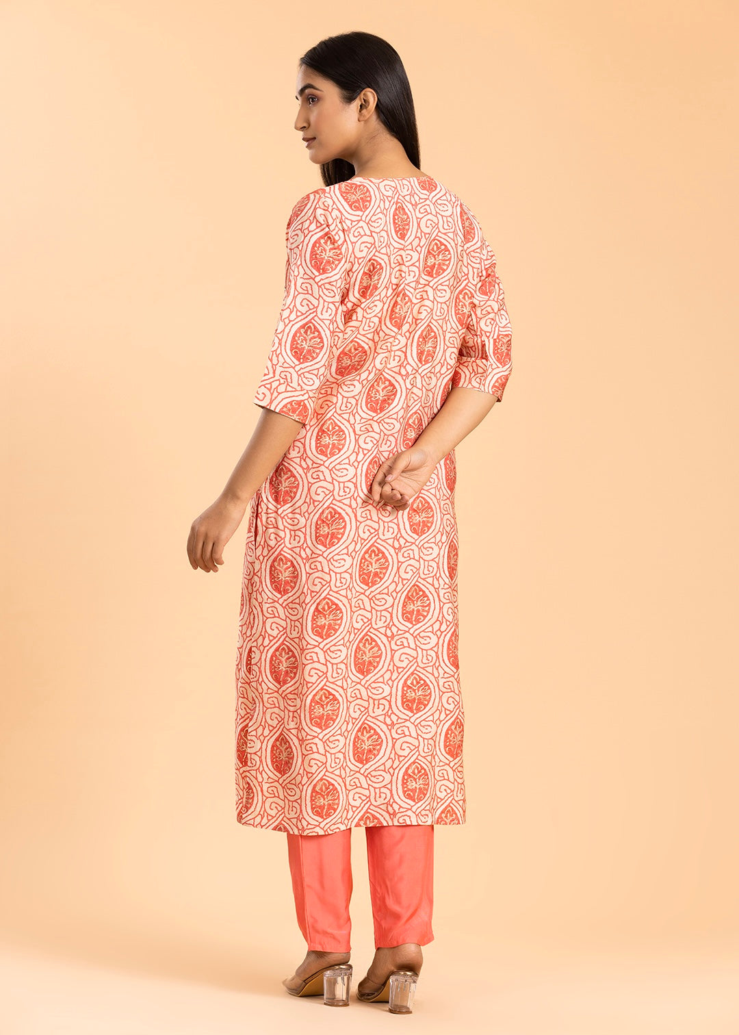 Peach Printed Rayon Cotton Suit with Pant and Dupatta