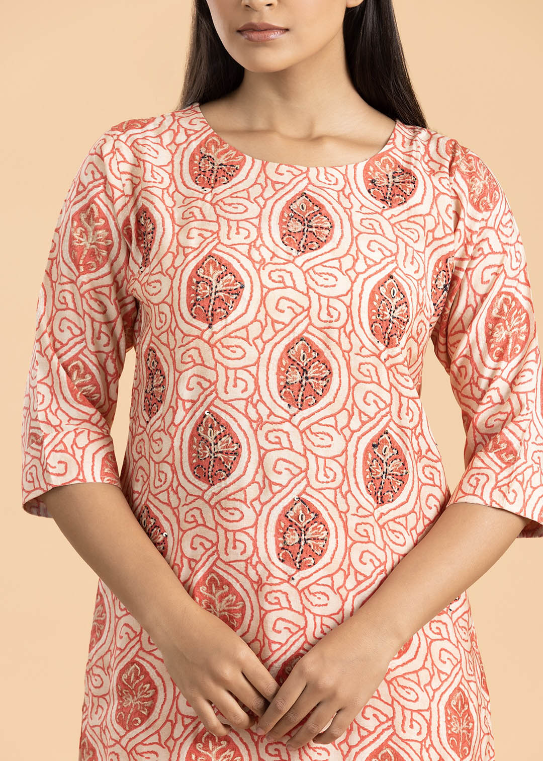 Peach Printed Rayon Cotton Suit with Pant and Dupatta