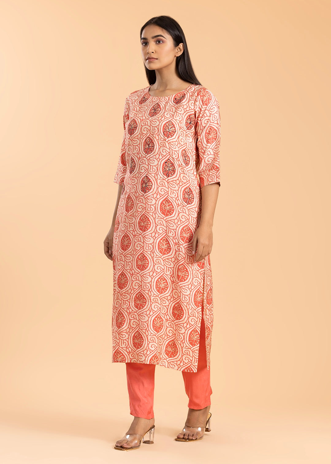 Peach Printed Rayon Cotton Suit with Pant and Dupatta