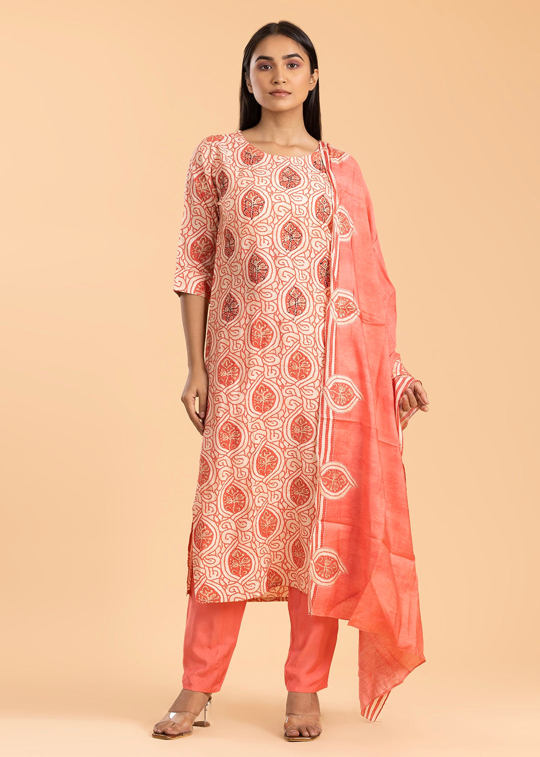 Peach Printed Rayon Cotton Suit with Pant and Dupatta