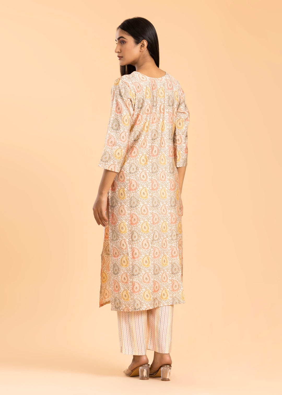 Cream Printed Pant Suit in Muslin Cotton