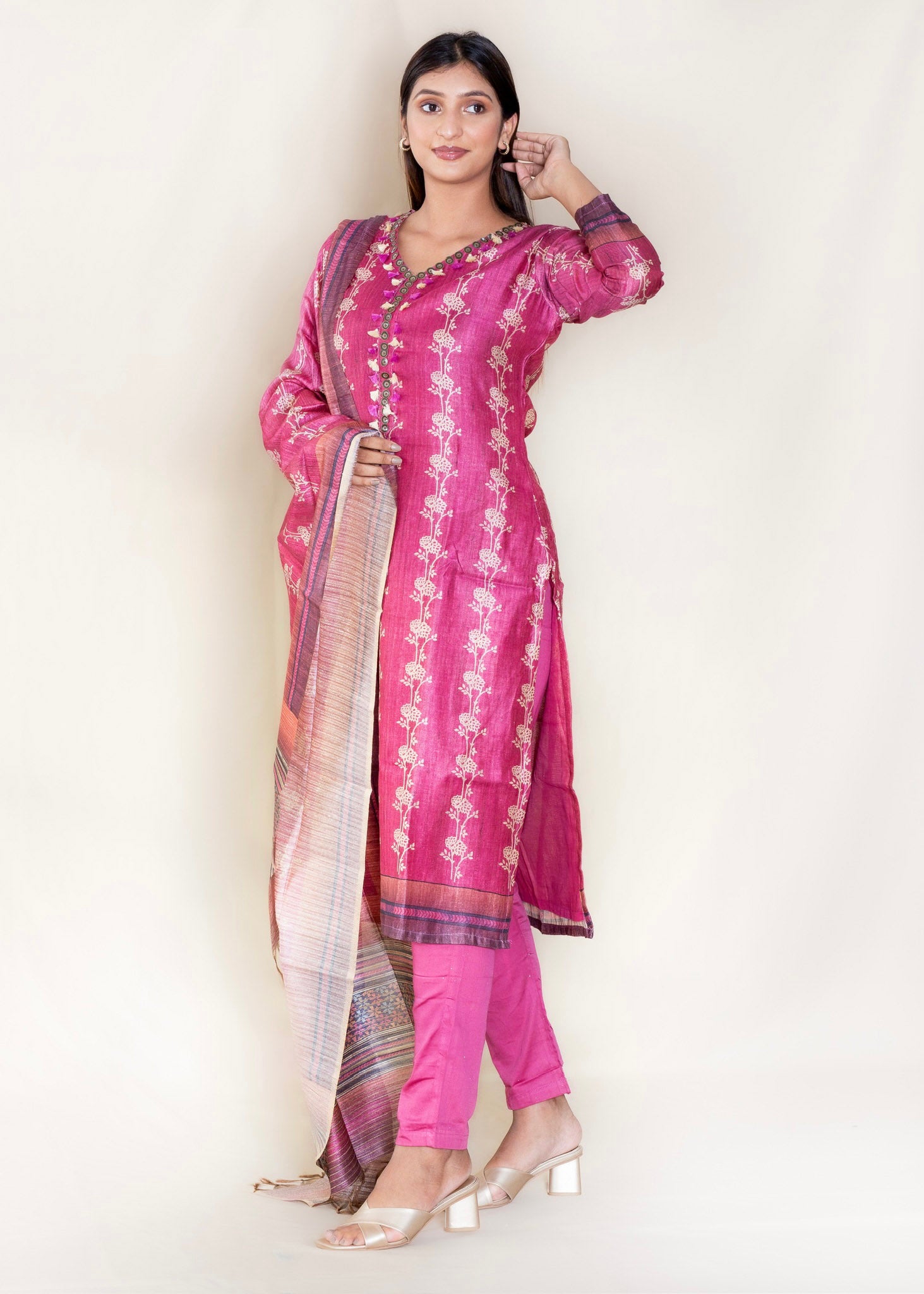 Mauve Pink Chanderi Silk Suit with Pant and Dupatta