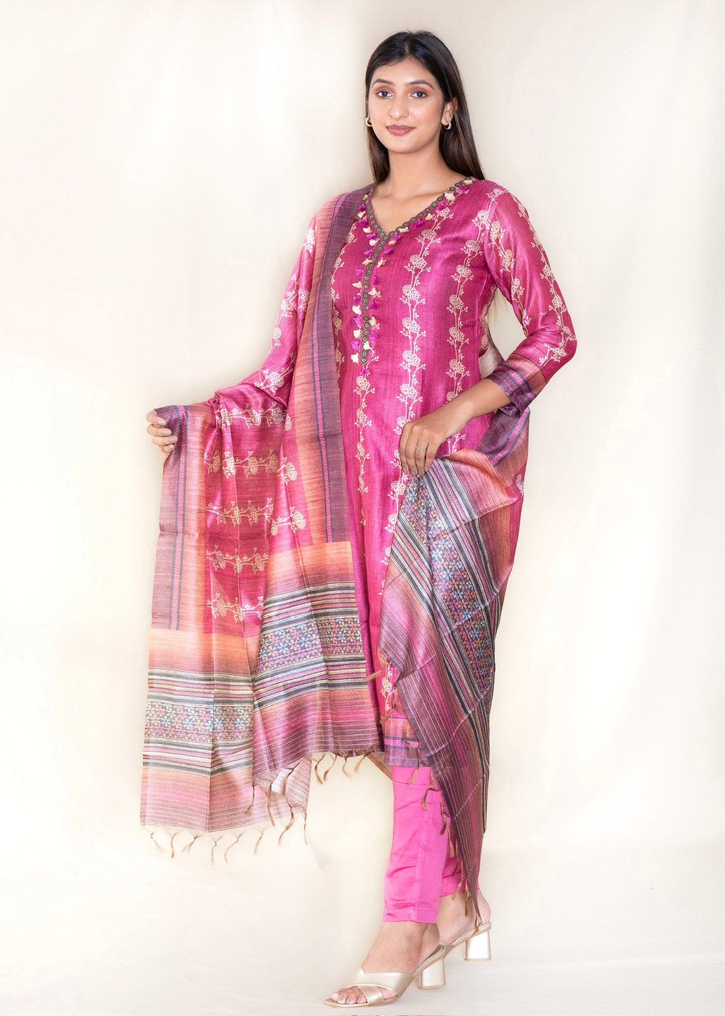 Mauve Pink Chanderi Silk Suit with Pant and Dupatta