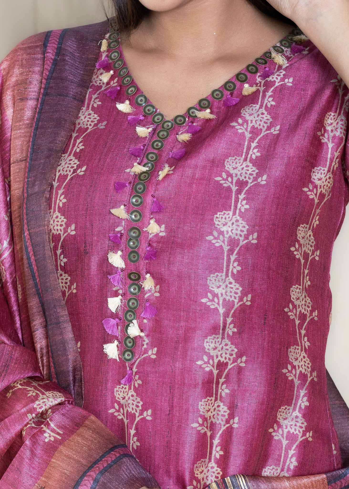 Mauve Pink Chanderi Silk Suit with Pant and Dupatta