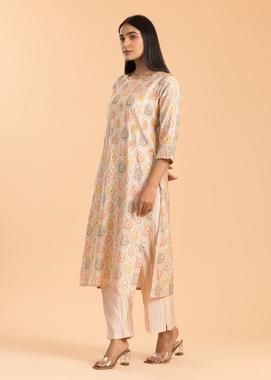 Cream Printed Pant Suit in Muslin Cotton