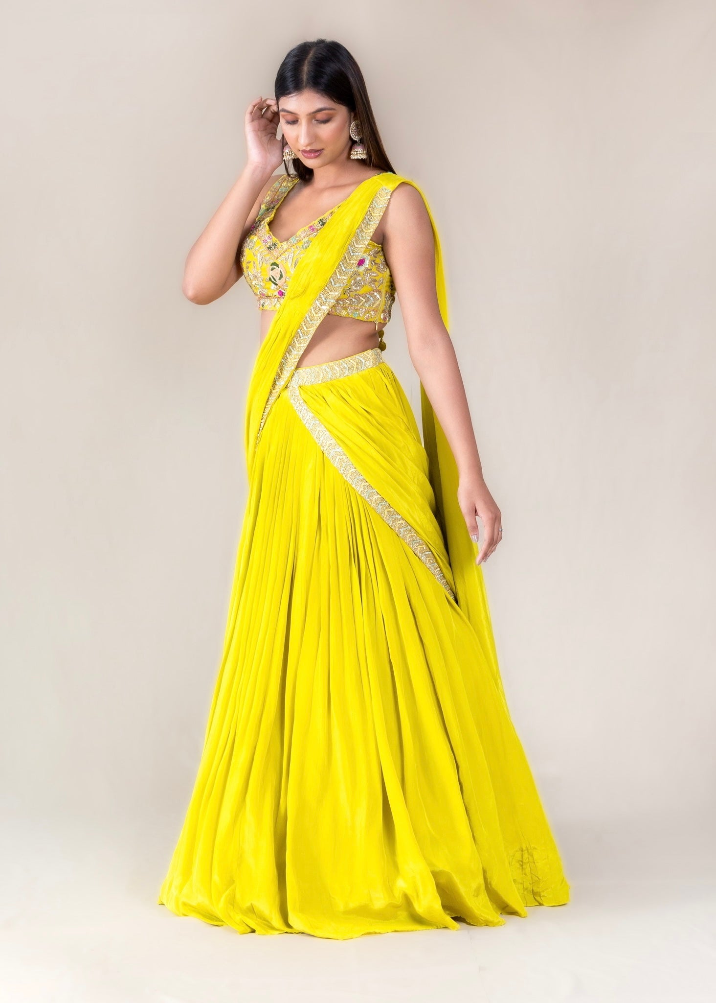 Lemon Yellow Drape Lehenga with Readymade blouse