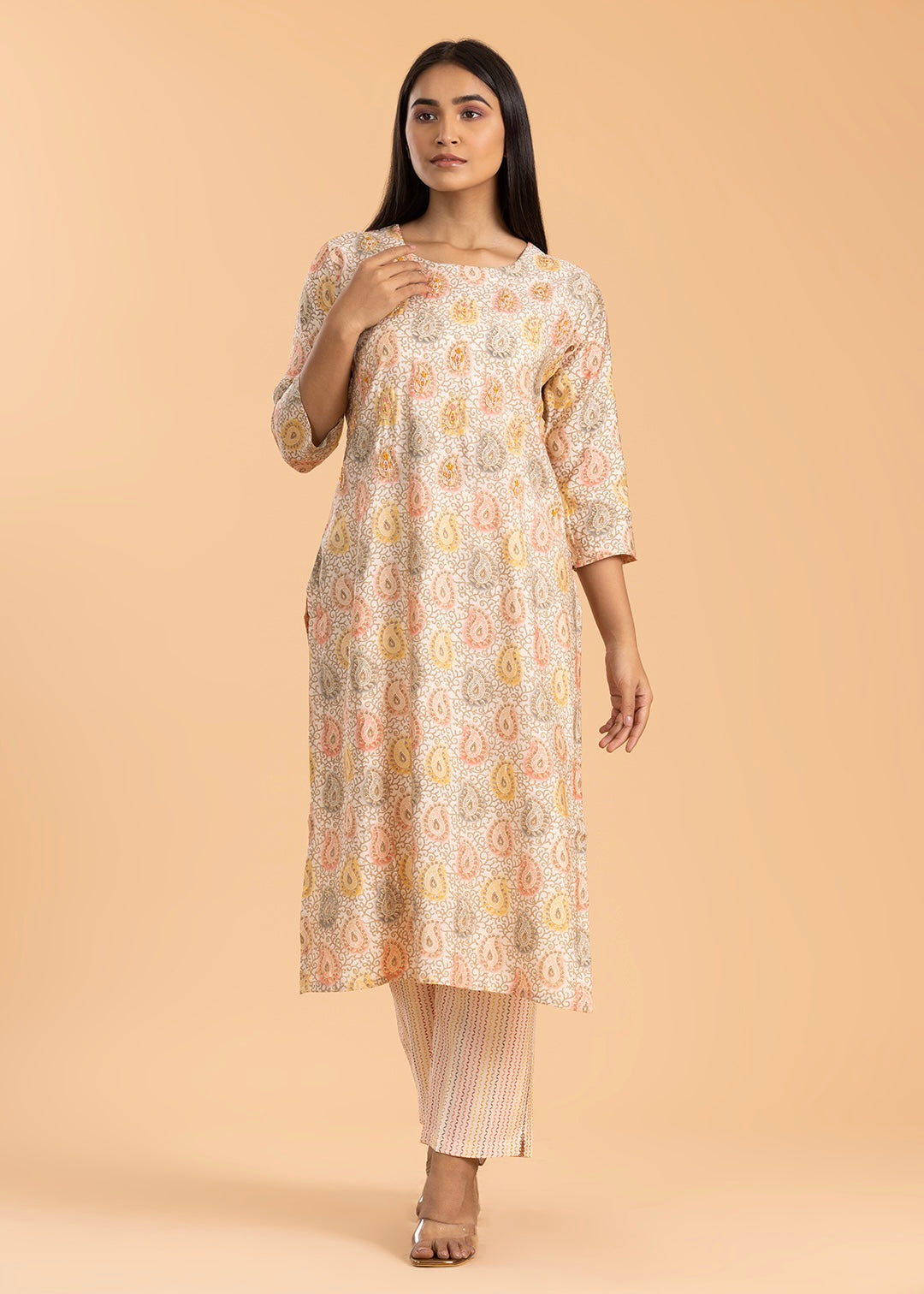 Cream Printed Pant Suit in Muslin Cotton