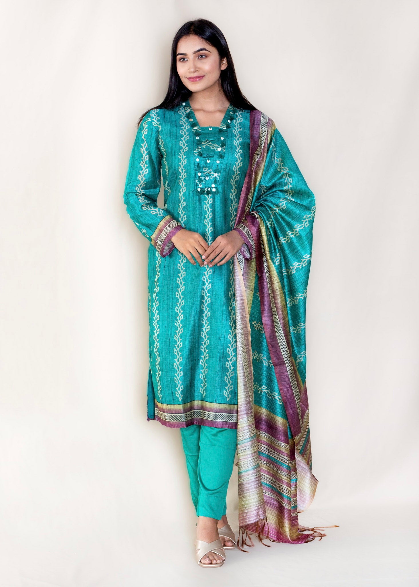 Turquoise Blue Chanderi Silk Suit with Pant and Dupatta