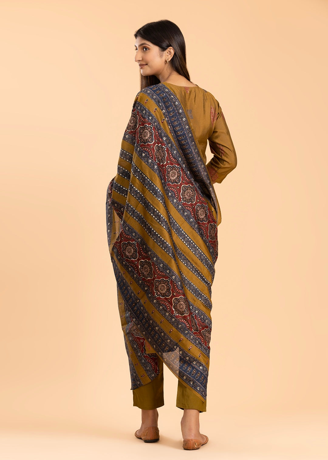 Dark Mustard Muslin Cotton Suit with Pant and Printed Dupatta