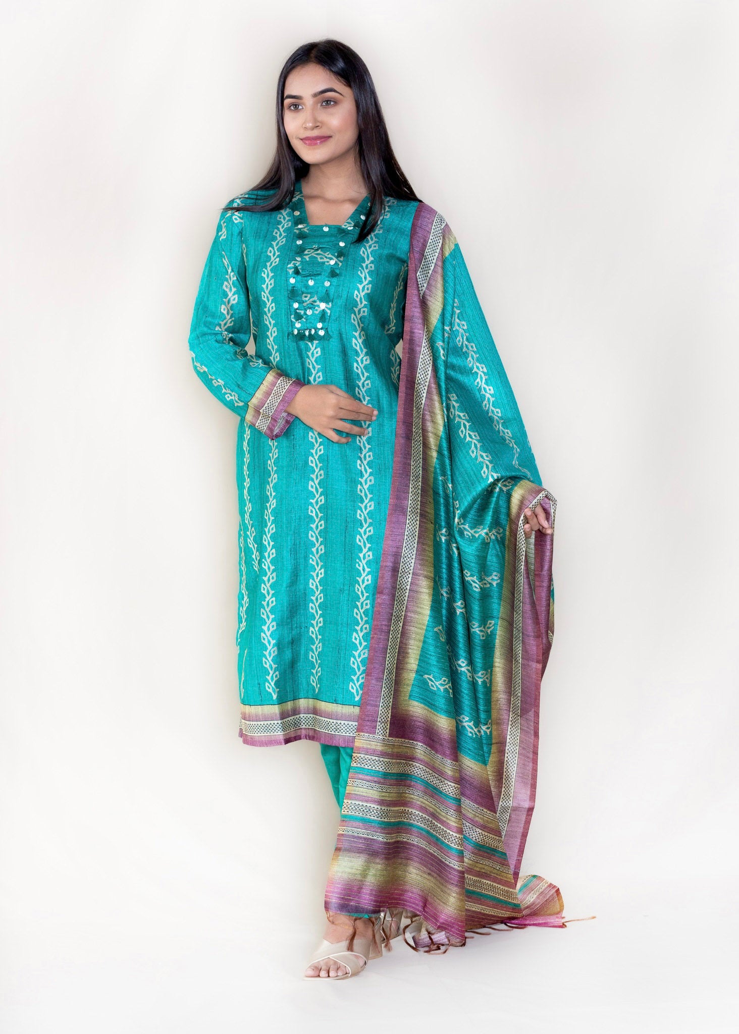 Turquoise Blue Chanderi Silk Suit with Pant and Dupatta