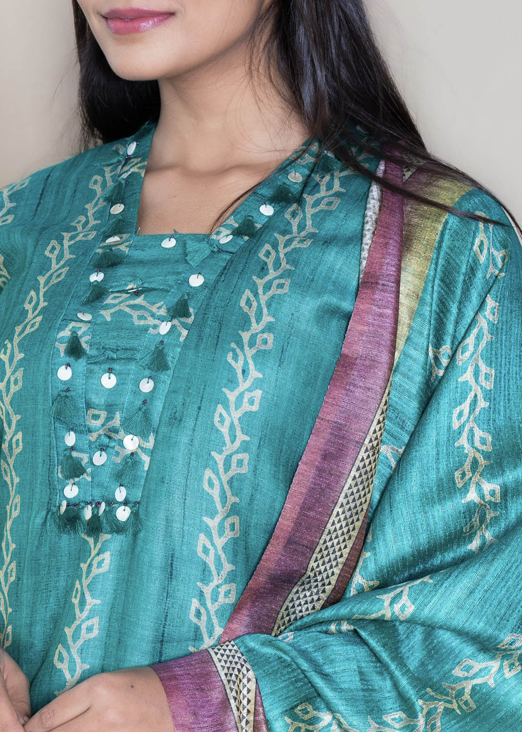 Turquoise Blue Chanderi Silk Suit with Pant and Dupatta