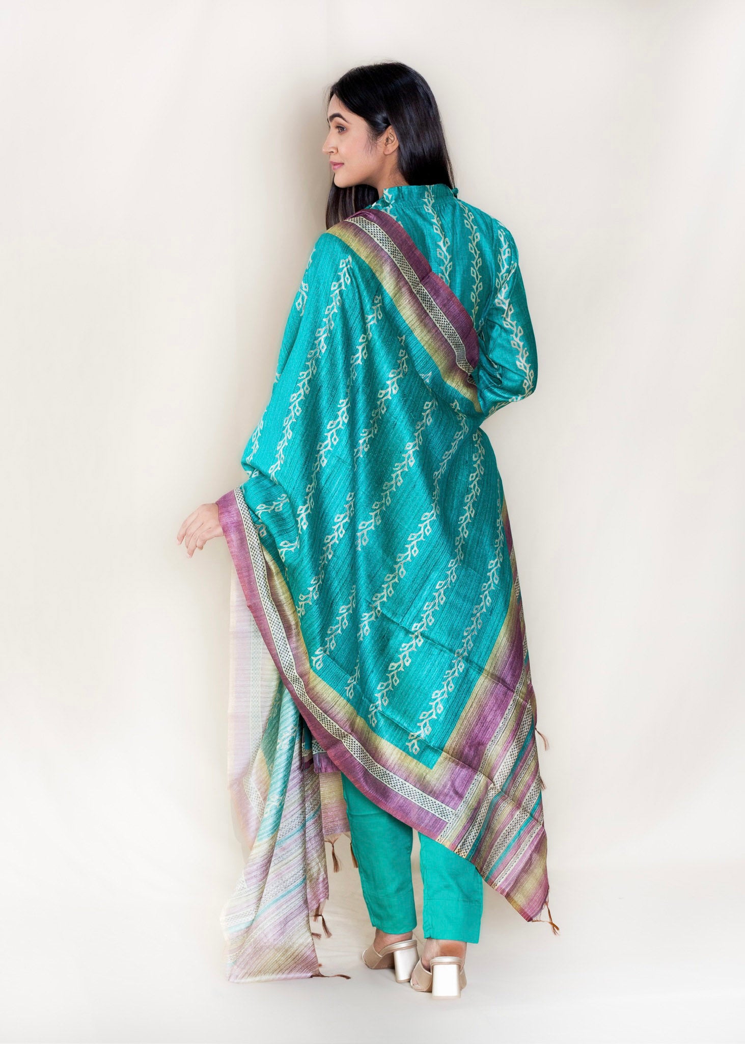 Turquoise Blue Chanderi Silk Suit with Pant and Dupatta