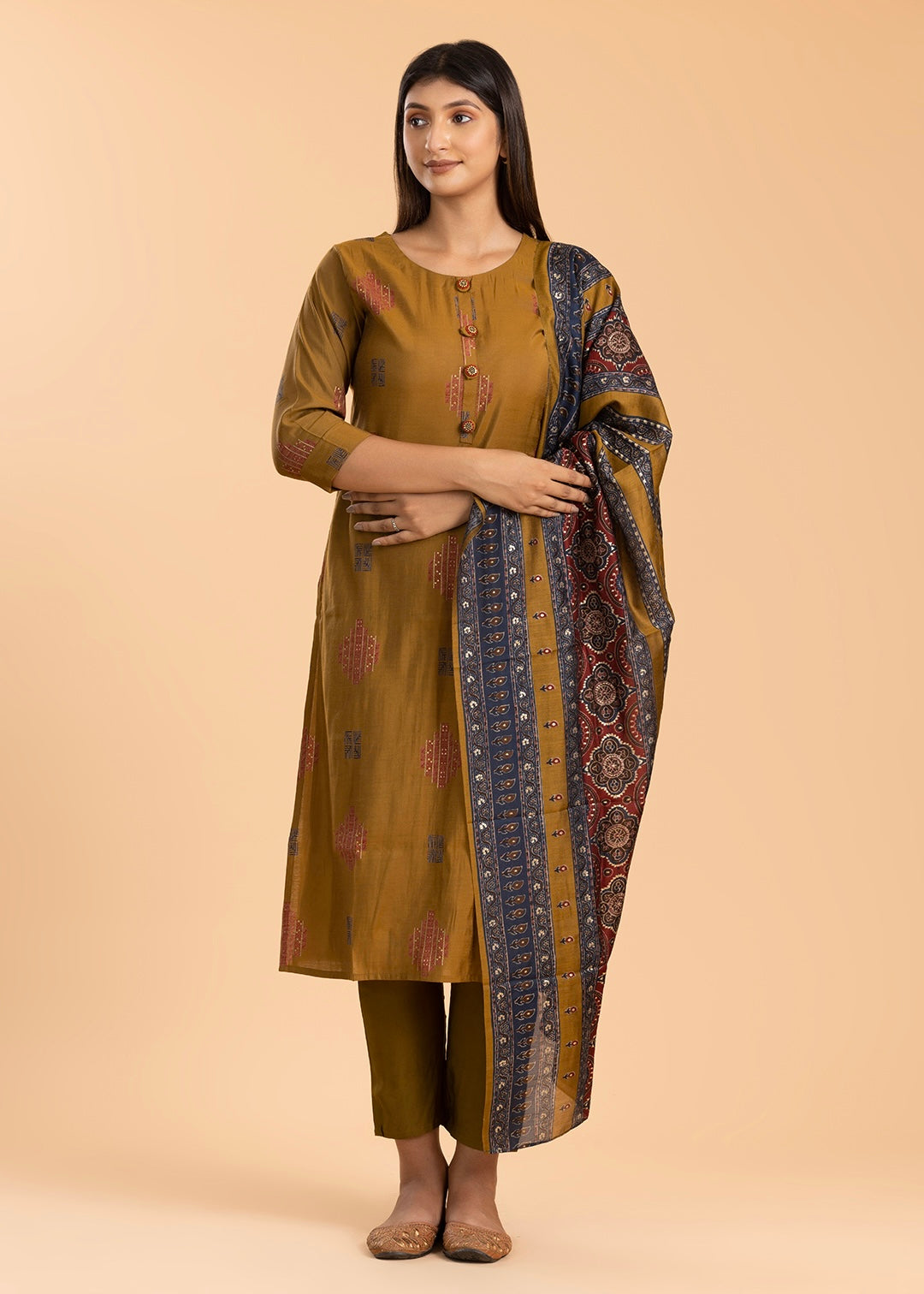 Dark Mustard Muslin Cotton Suit with Pant and Printed Dupatta