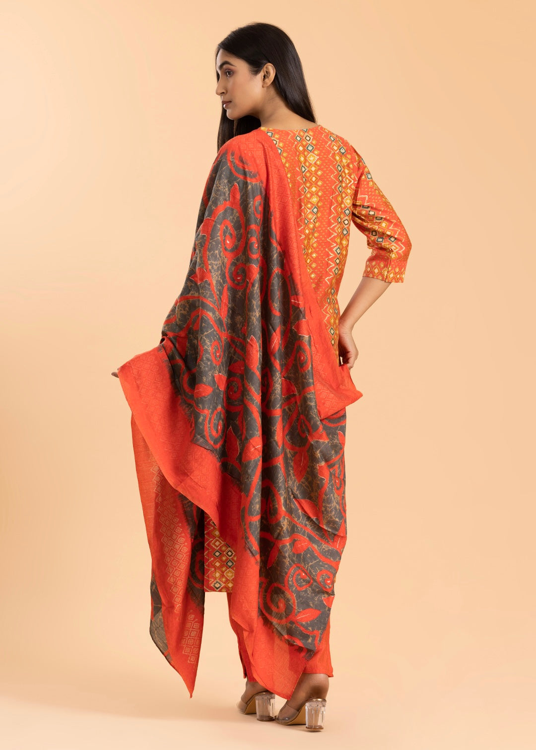 Orange Rayon Cotton Suit with Pant and Printed Dupatta