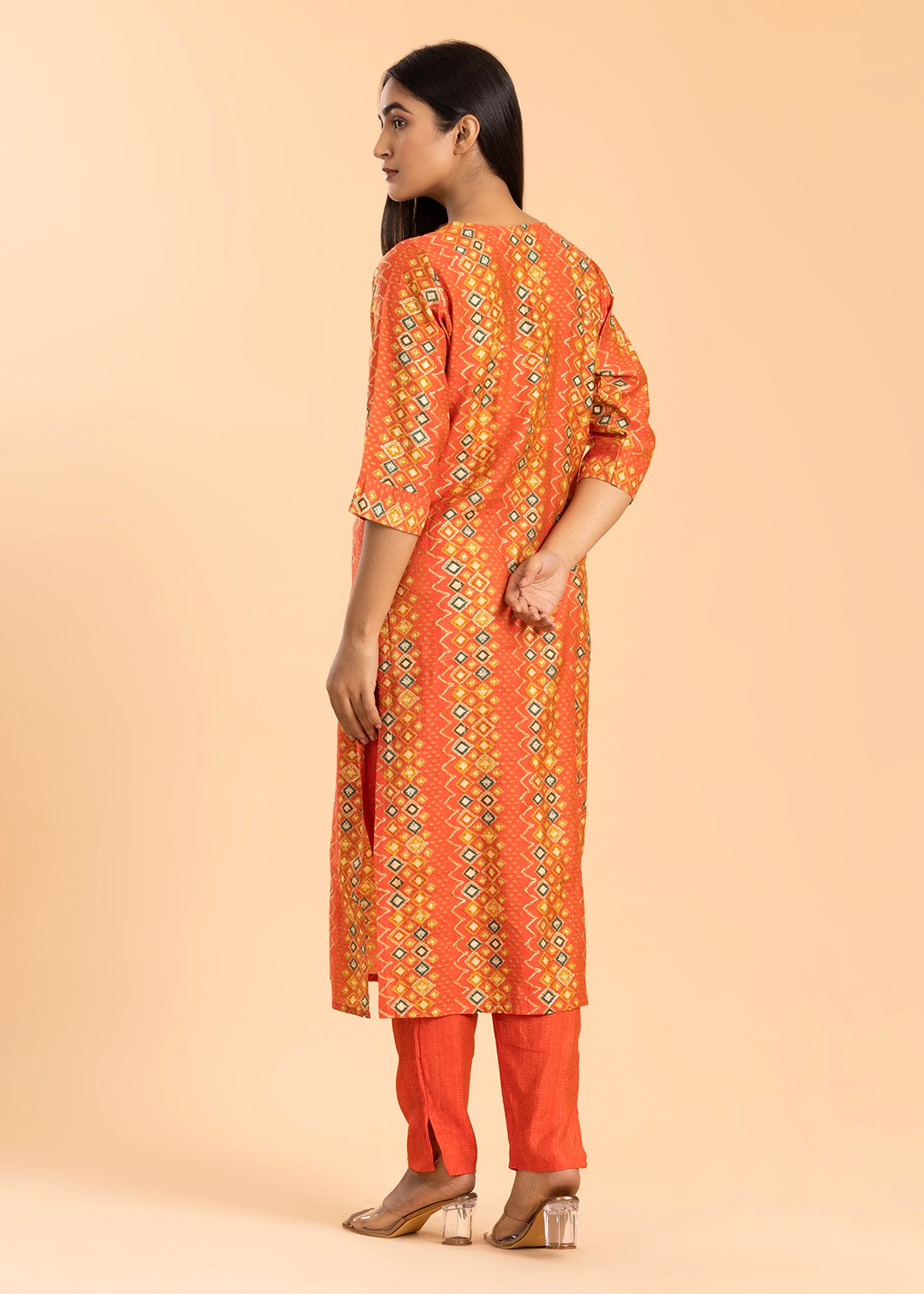 Orange Rayon Cotton Suit with Pant and Printed Dupatta