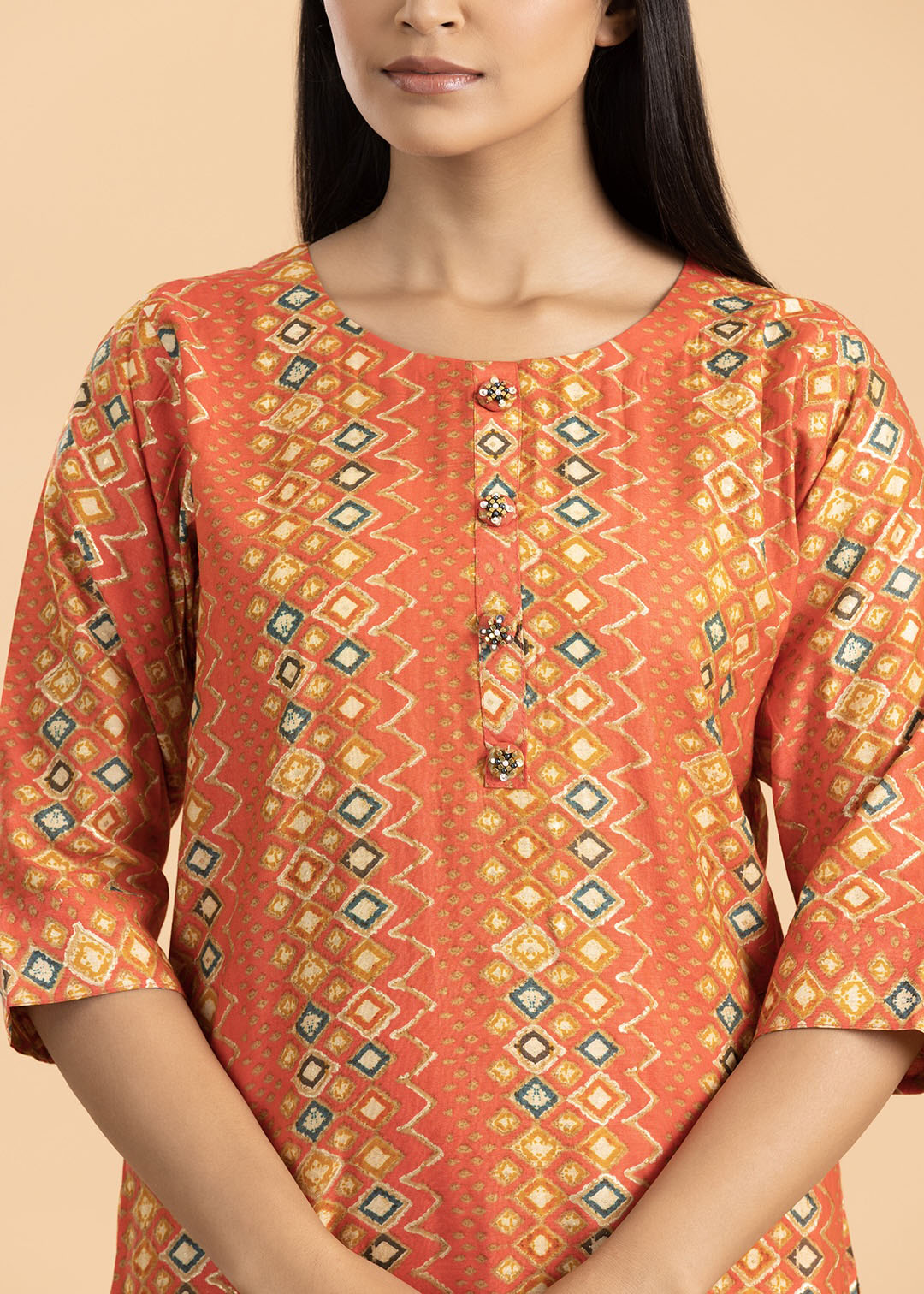 Orange Rayon Cotton Suit with Pant and Printed Dupatta