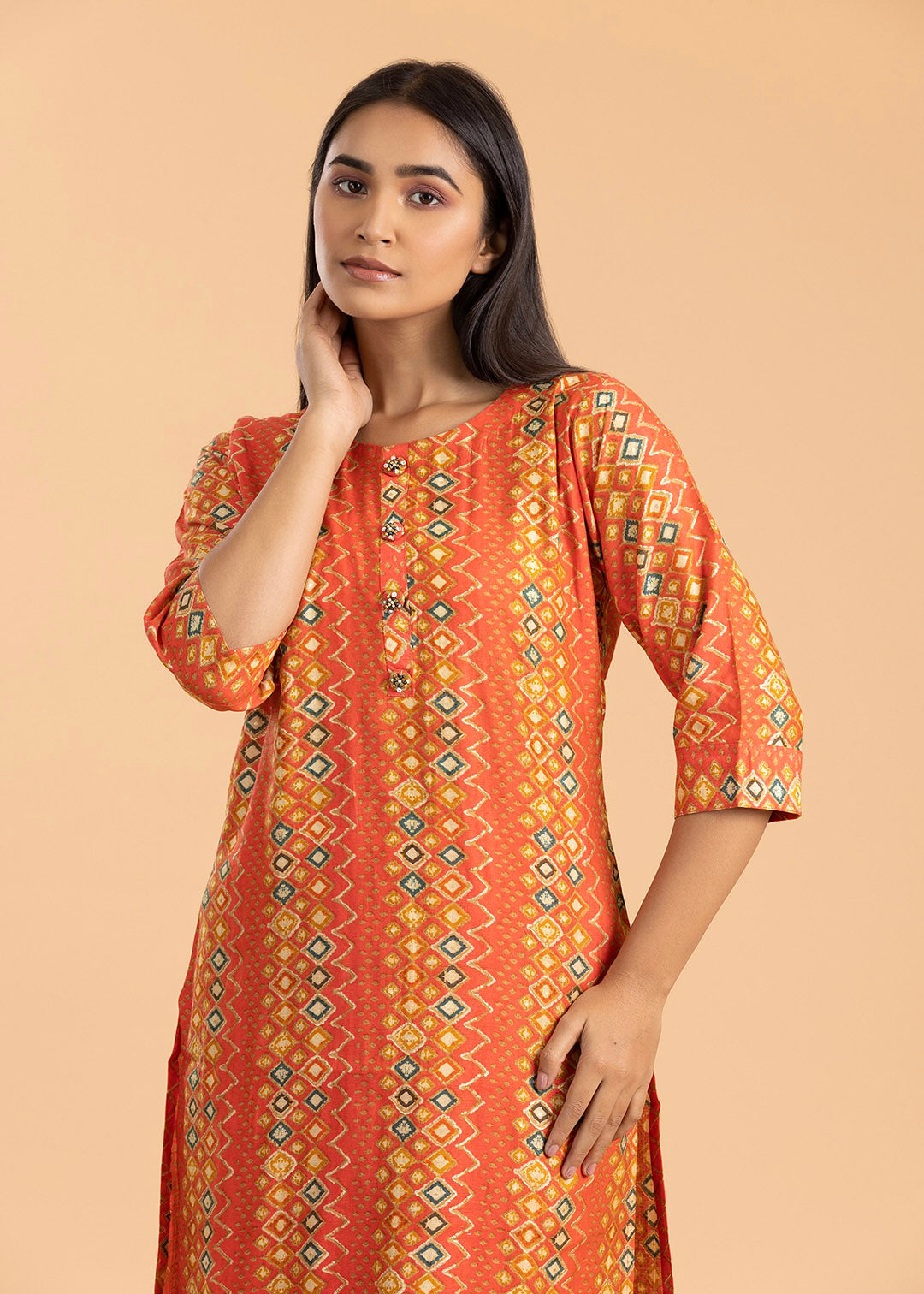 Orange Rayon Cotton Suit with Pant and Printed Dupatta