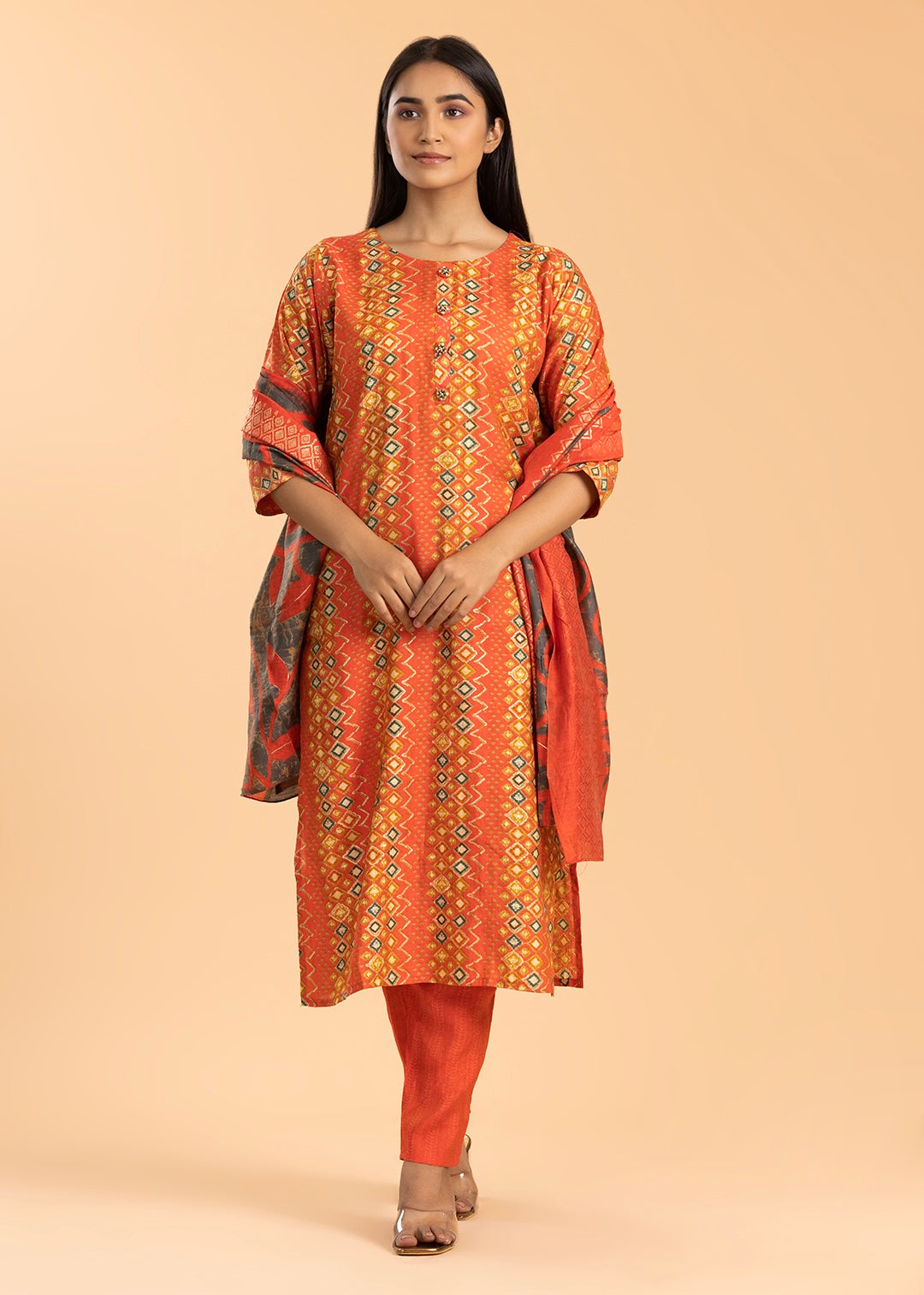 Orange Rayon Cotton Suit with Pant and Printed Dupatta