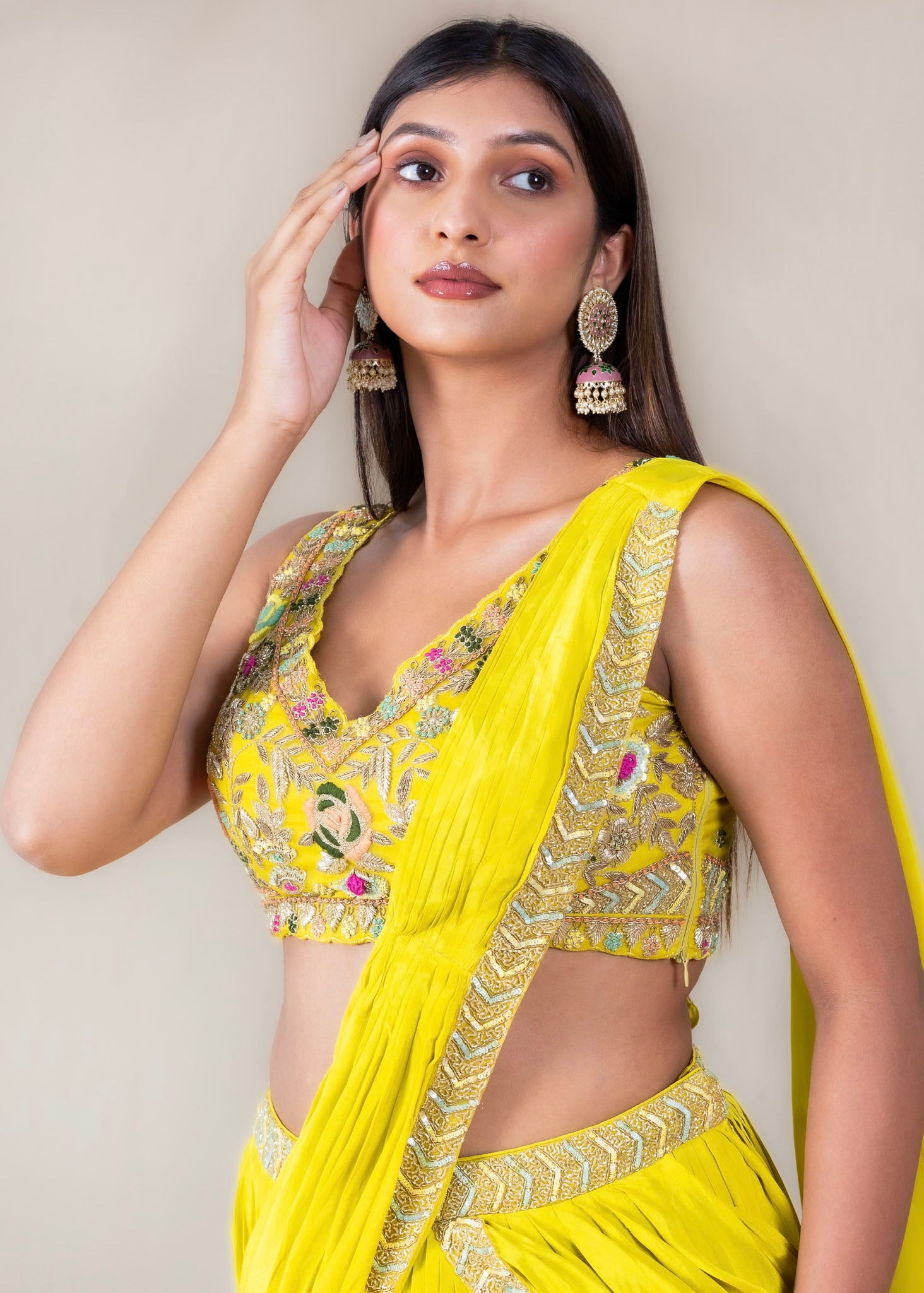 Lemon Yellow Drape Lehenga with Readymade blouse