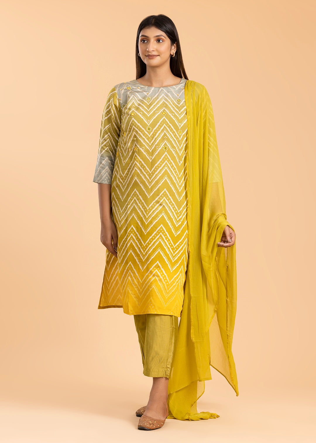 Pale Yellow Printed Suit with Pant and Dupatta