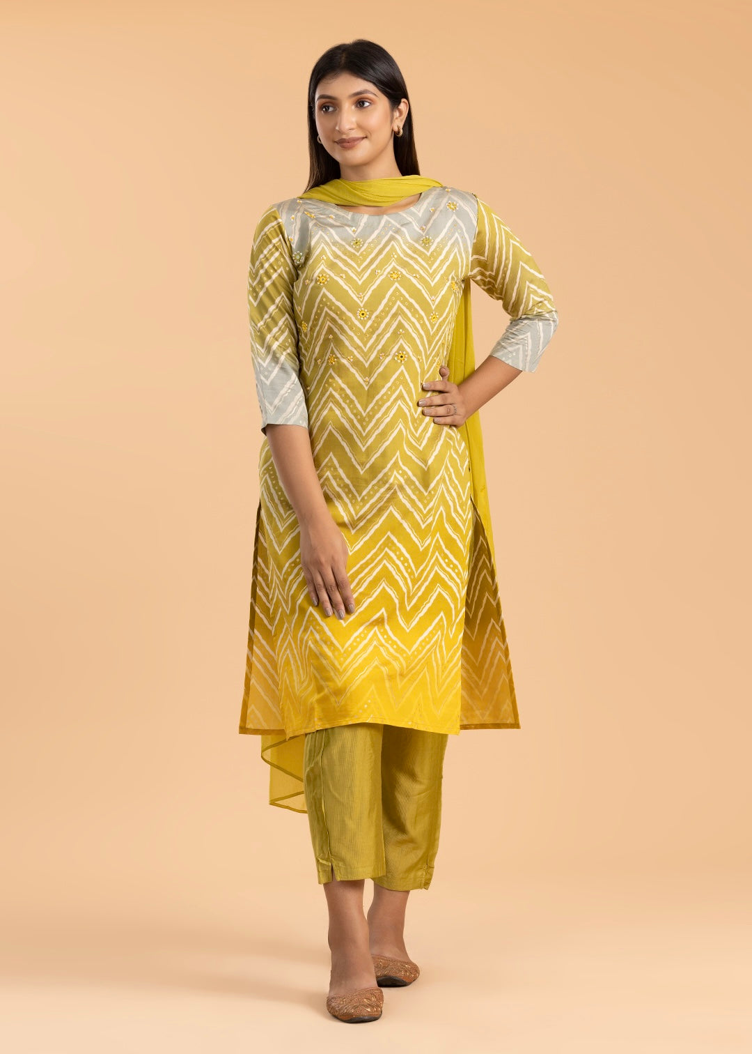 Pale Yellow Printed Suit with Pant and Dupatta