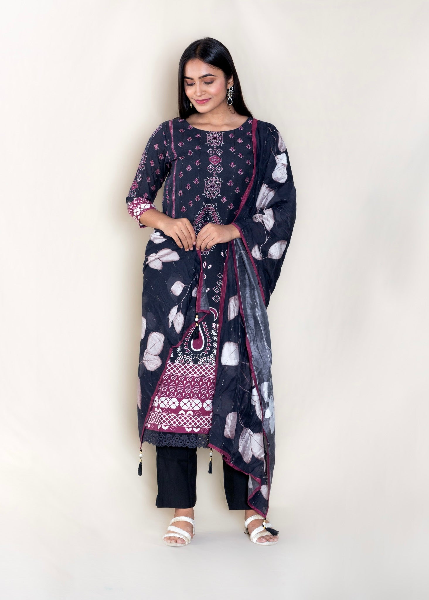 Dark Blue Printed Suit with Hakoba Lace Work