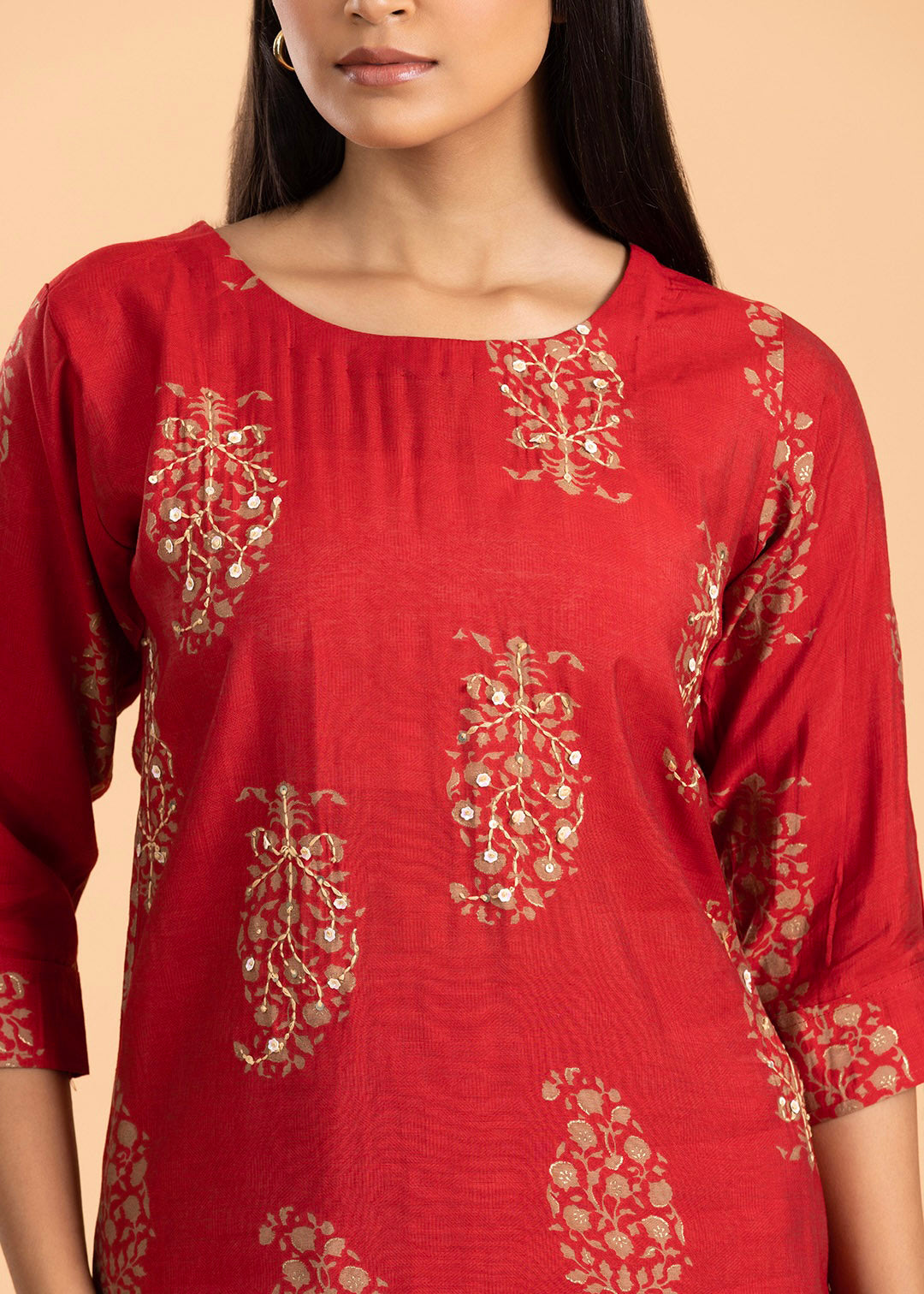 Red Printed Rayon Cotton Suit with Pant and Dupatta