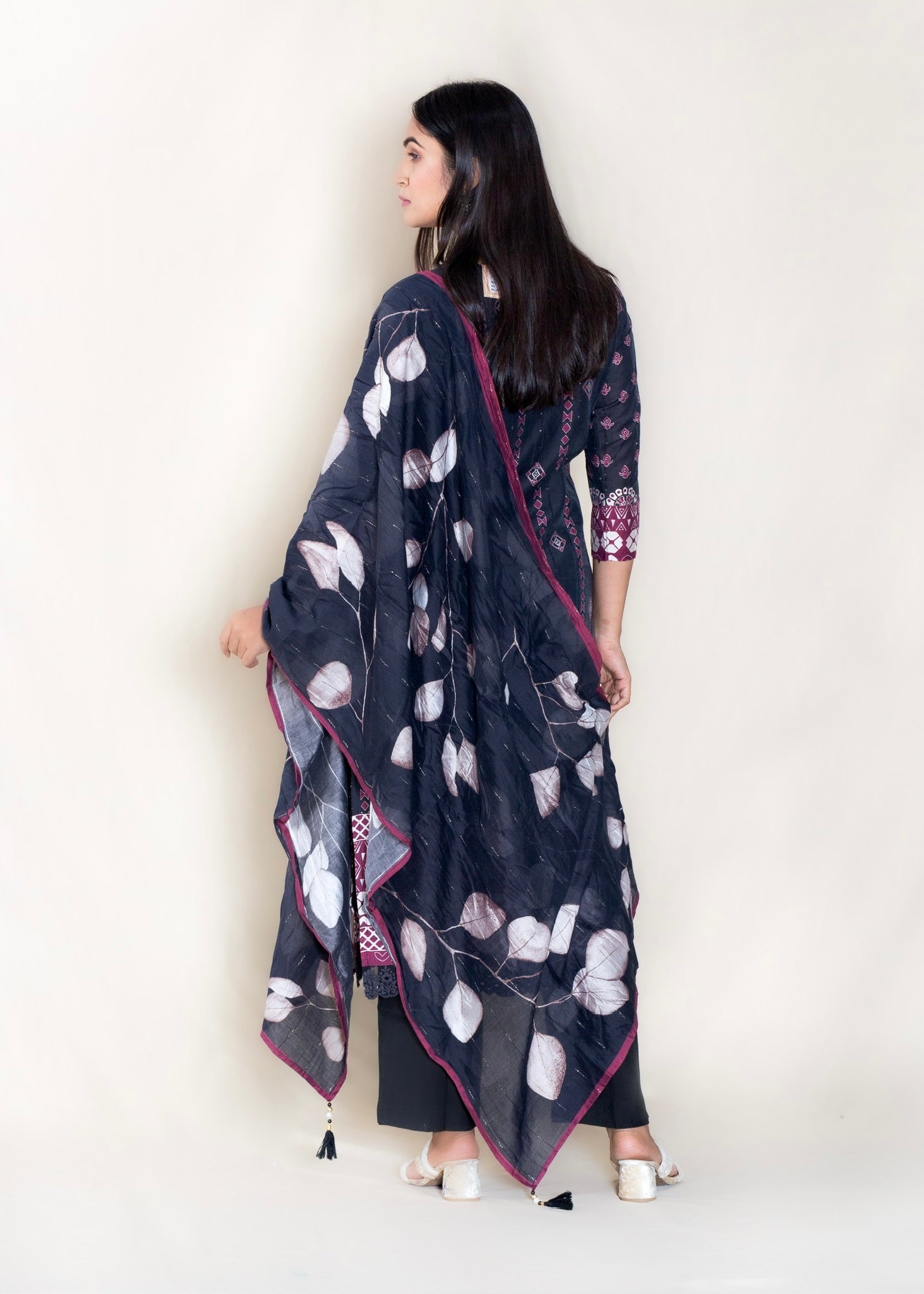 Dark Blue Printed Suit with Hakoba Lace Work